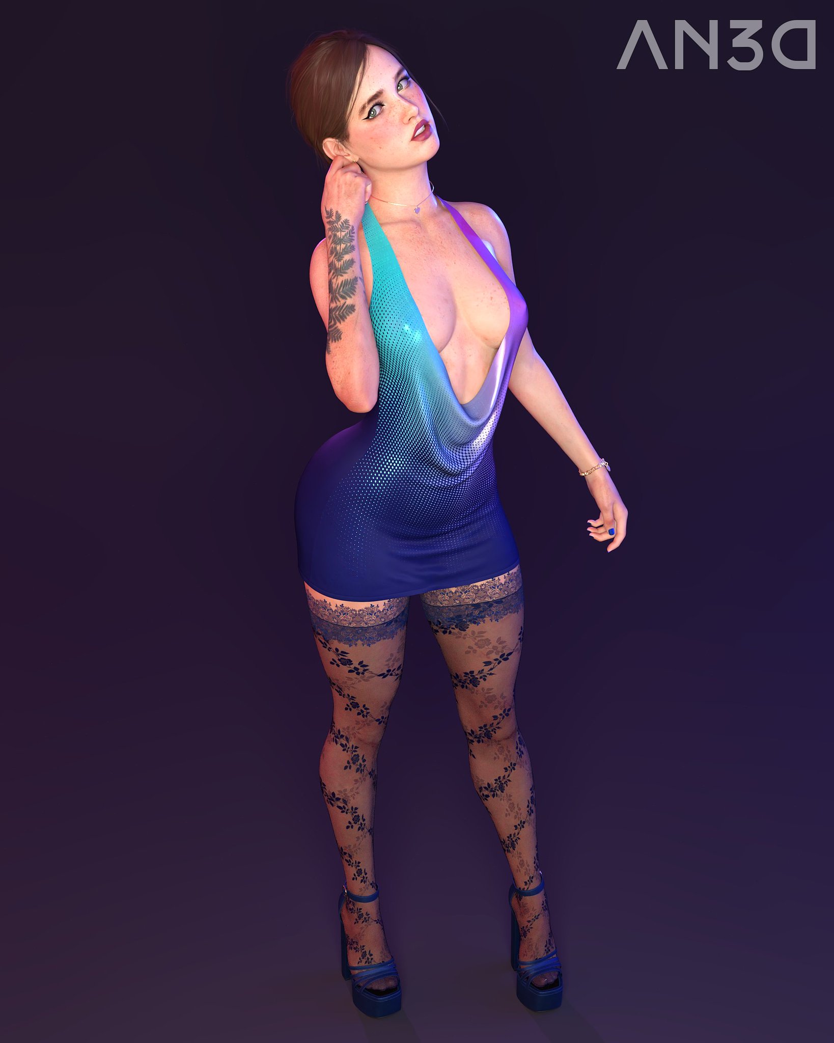 1girls, 3d, arseny3d, artist name, ass, big ass, big breasts, big thighs, blue dress, breasts, brown hair, cleavage, curvaceous, curvy, curvy figure, dress, ellie (the last of us), ellie williams, female, high heels, hips, large ass, large thighs, light skin, light-skinned female, lipstick, makeup running, mature, mature female, medium breasts, naughty dog, slim waist, tattoo, the last of us, the last of us 2, thick, thick hips, thick legs, thick thighs, thighhighs, thighs, voluptuous, waist, watermark, wide hips