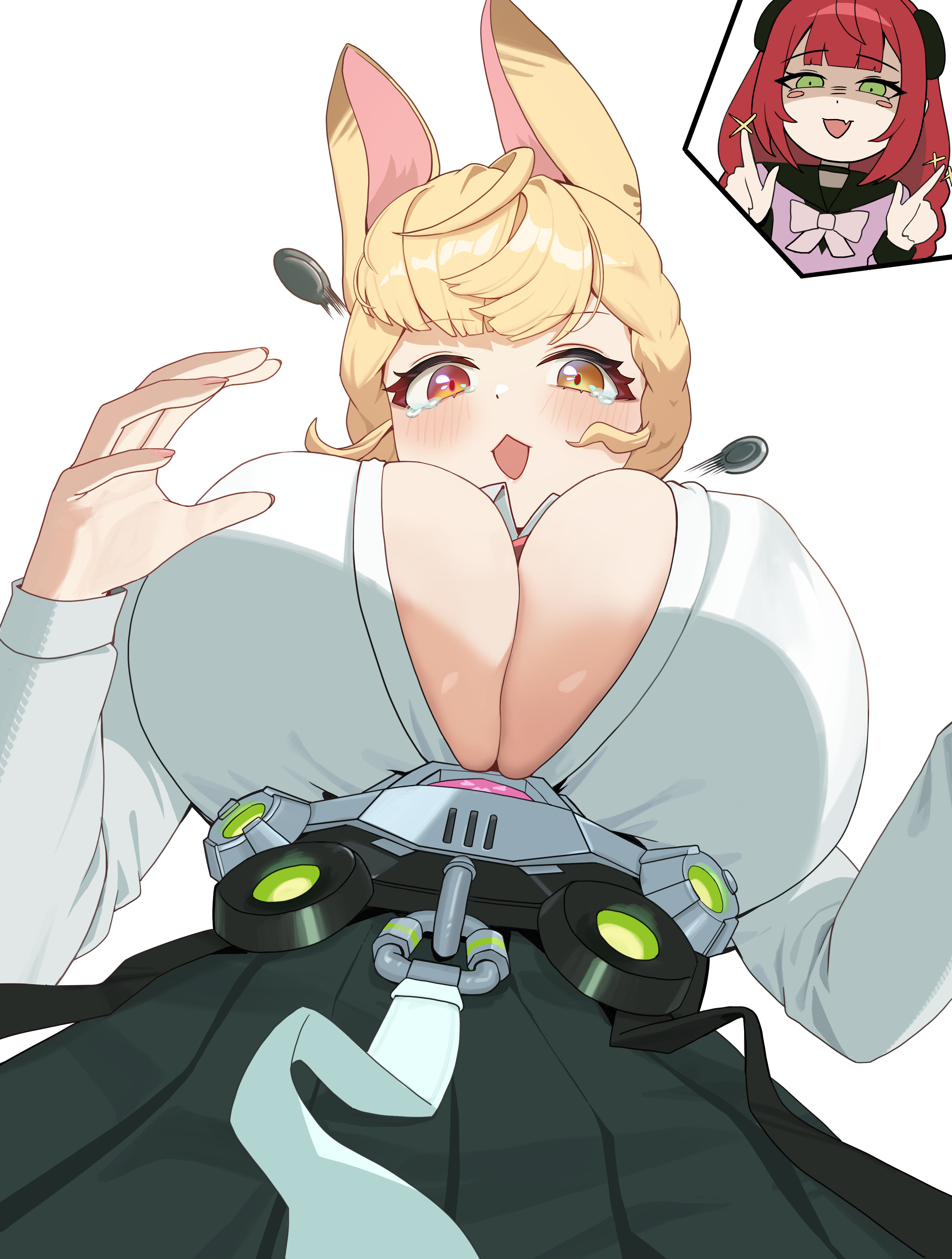 2girls, accidental exposure, alice thymefield, big breasts, blonde hair, blunt bangs, blush, blushing, breasts, breasts bigger than head, breasts focus, bunny ears, bunny girl, bursting breasts, button down shirt, button pop, button popping, buttons, buttons popping, child bearing hips, choker, cleavage, clothed, clothed female, collared shirt, deep cleavage, digital display, display, erect nipples, fat ass, female, female focus, female pov, fingernails, follow up, from below view, green eyes, hand up, heterochromia, hoyoverse, huge breasts, inconvenient breasts, inner sideboob, lagomorph humanoid, large breasts, light skin, light-skinned female, long skirt, long sleeve shirt, long sleeves, looking down at viewer, mischevious, mouth open, nipple bulge, nipple guessing game (meme), no bra, oro ui, pov, red eyes, red hair, ribbon, shirt open, single fang, skirt, surprised, surprised expression, sweater, tearing up, tears, thiren, ukinami yuzuha, underboob, wardrobe malfunction, white background, white shirt, yellow eyes, zenless zone zero
