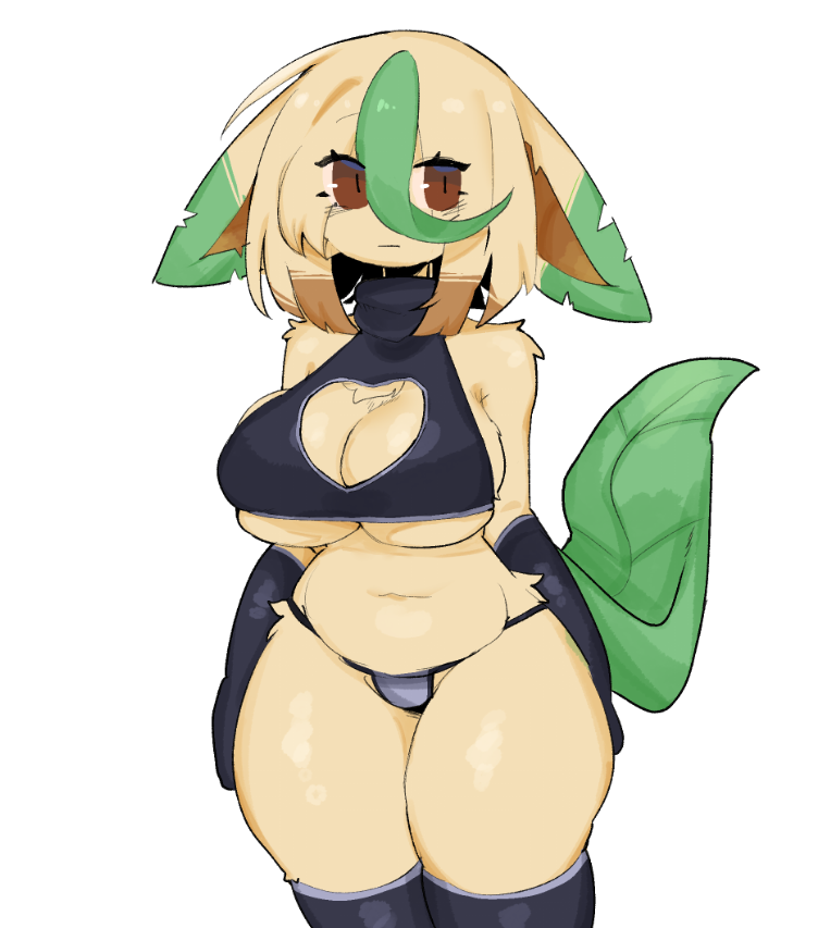 2025, anthro, anthrofied, armwear, bangs, big breasts, black clothing, blonde hair, breasts, brown eyes, bully, chest tuft, clothing, colored, colored sketch, crop top, curvy figure, digital drawing (artwork), digital media (artwork), eeveelution, eyelashes, female, fur, generation 4 pokemon, hair, heart cutout, hourglass figure, leafeon, legwear, looking away, navel, nintendo, pokemon, pokemon (species), shaded, shirt, shiyaa stuff, simple background, sketch, solo, stockings, thick thighs, thong, topwear, tuft, underboob, underwear, white background, yellow body, yellow fur