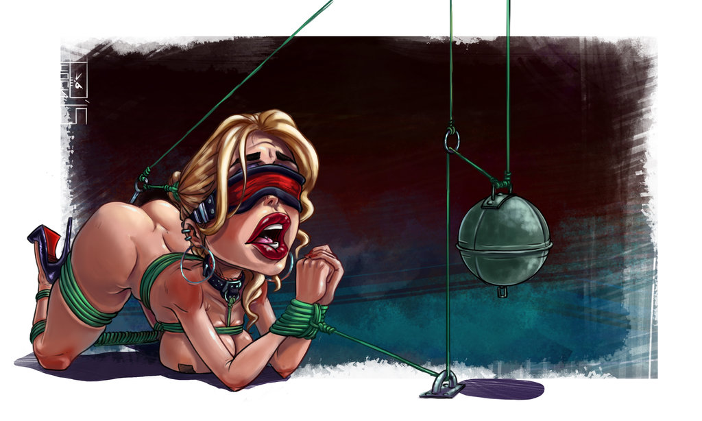anal hook, anal insertion, bitchsuit, blindfold, bondage, bound, breasts, collar, earrings, female, female only, femsub, high heels, hoop earrings, jewelry, lipstick, makeup, naked footwear, naked heels, naked with shoes on, nipple tape, nude, open mouth, piddlefours, predicament bondage, punchdrunkey, rope, weights (bdsm)