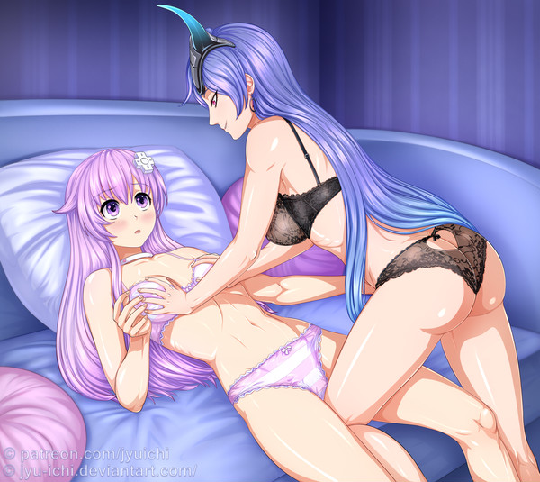 2girls ass bed big_breasts black_bra black_panties blush bra choker collar earrings hairclip iris_heart multiple_girls nepgear neptunia_(series) panties pillow pillows pink_bra pink_eyes pink_panties plutia purple_eyes purple_hair squish striped_panties touching_breast yuri