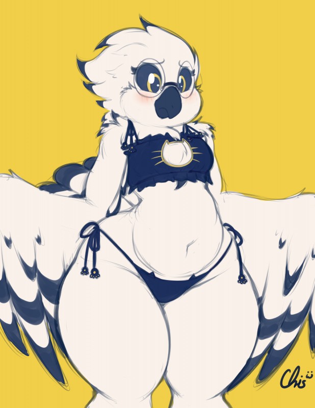 amelia_abernachy avian black_bra black_panties black_sclera glasses lingerie owl sanctuaryowl signature simple_background snowy_owl yellow_background yellow_eyes