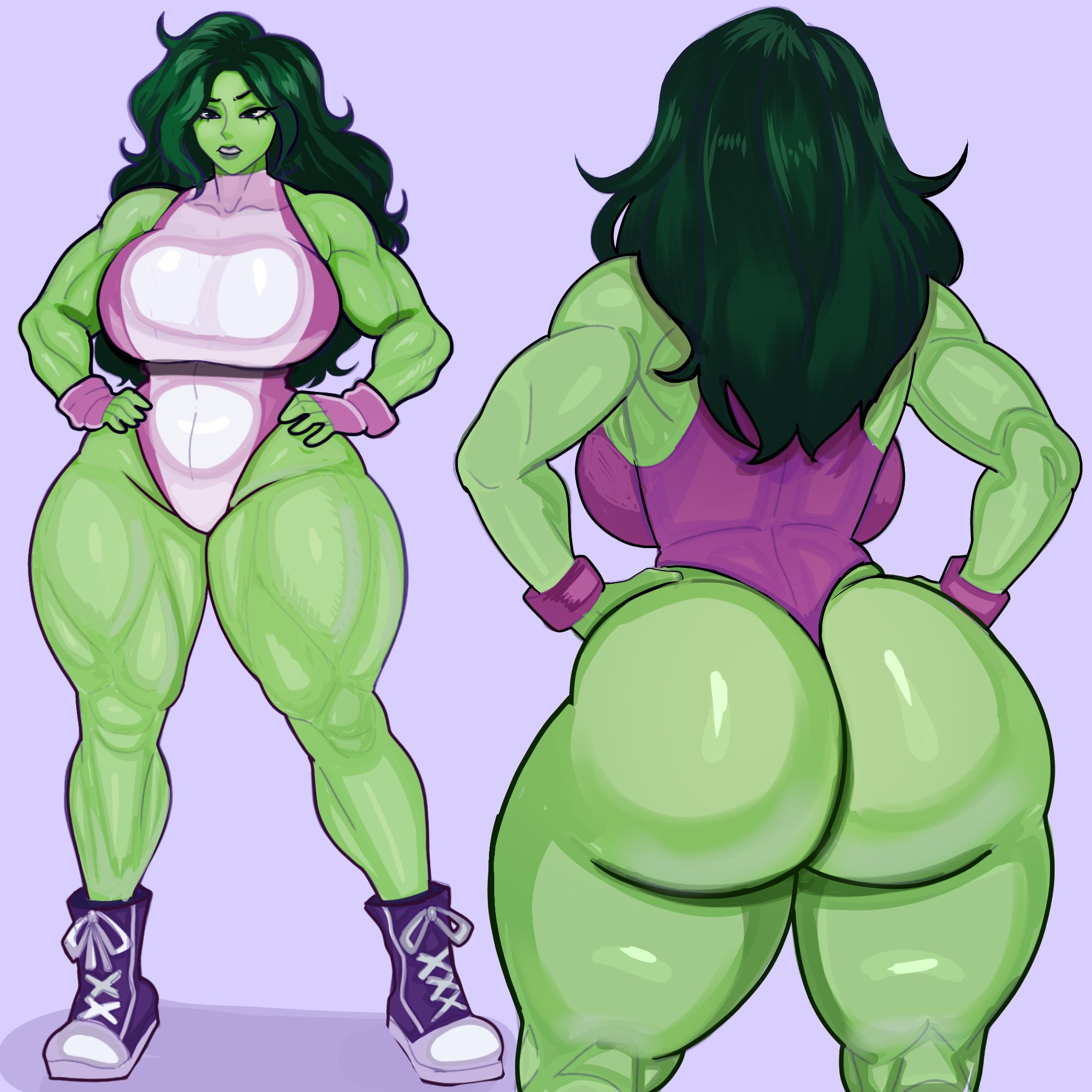 1girls, ass, big ass, big breasts, big butt, big thighs, bracelets, breasts, bubble ass, bubble butt, butt, female, female focus, female only, green eyes, green hair, green skin, green skinned female, hands on hips, huge ass, huge breasts, huge butt, huge thighs, large ass, large butt, long hair, marvel, marvel comics, muscular, muscular arms, muscular female, muscular legs, muscular thighs, ponkypopa, she-hulk, shiny ass, shiny butt, shiny skin, shoes, skimpy, skimpy clothes, solo, solo female, thick ass, thick butt, thick thighs, thighs, tight clothing, tights