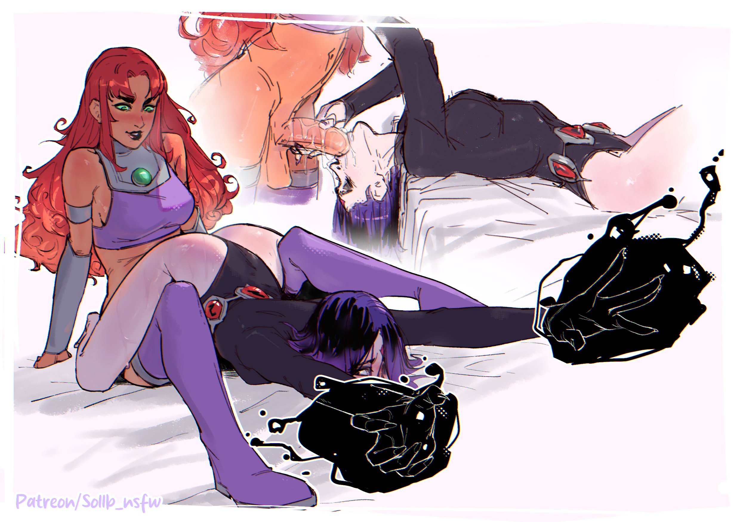 1futa, 1girls, 2d, ass, big penis, blowjob, breasts, dc, dc comics, doggy style, fellatio, female, futa on female, futanari, grey skin, light skin, light-skinned futa, lying, lying down, lying on back, oral, oral sex, penis, purple hair, rachel roth, raven (dc), red hair, sex, sex from behind, smollb nsfw, starfire, tagme, teen titans, thighs, thong leotard, warner bros, warner bros. animation, warner brothers, white background