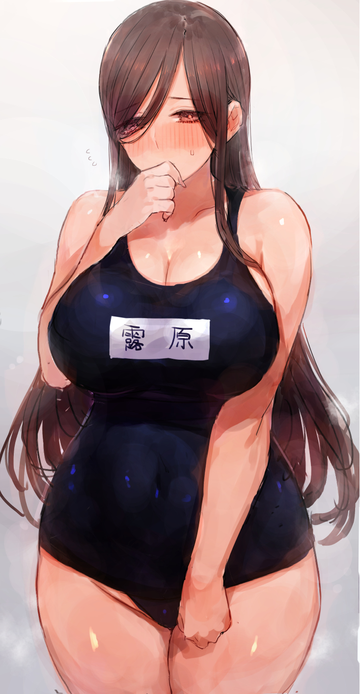 1girls, big breasts, blush, breasts, c.cu, cleavage, female, female only, large breasts, looking at viewer, one-piece swimsuit, solo, solo female, swimsuit, thick, thick thighs, voluptuous