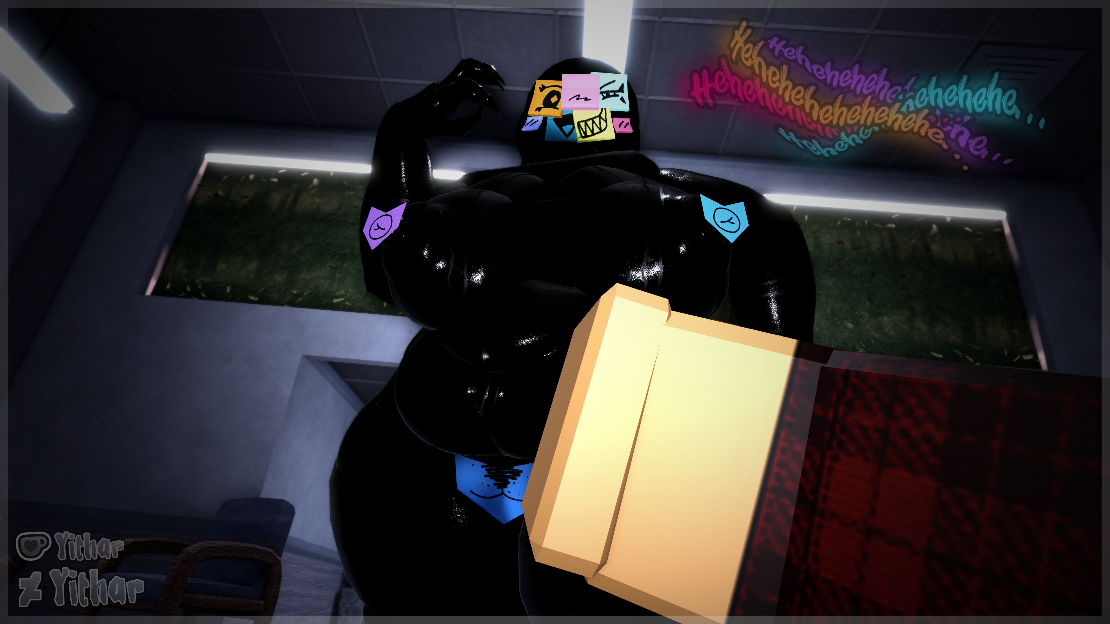 1boy1girl, 1girls1boy, 3d, 3d (artwork), 3d render, bbw, belly, big belly, big breasts, big nipples, big thighs, blush lines, breasts, breasts out, character request, chubby, doors (roblox), huge breasts, huge thighs, looking up, nipples, office, pubic hair, pussy, pussy lips, roblox, roblox game, shadow, shadow creature, shiny breasts, shiny skin, smug, sticky note, tagme, the drones (doors), yithar