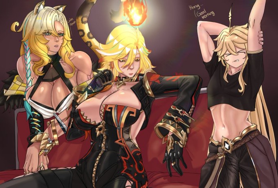 1boy, 2girls, aether (genshin impact), big breasts, busty, genshin impact, kaiel (artist), looking at bulge, mavuika (genshin impact), stretch, xilonen (genshin impact)