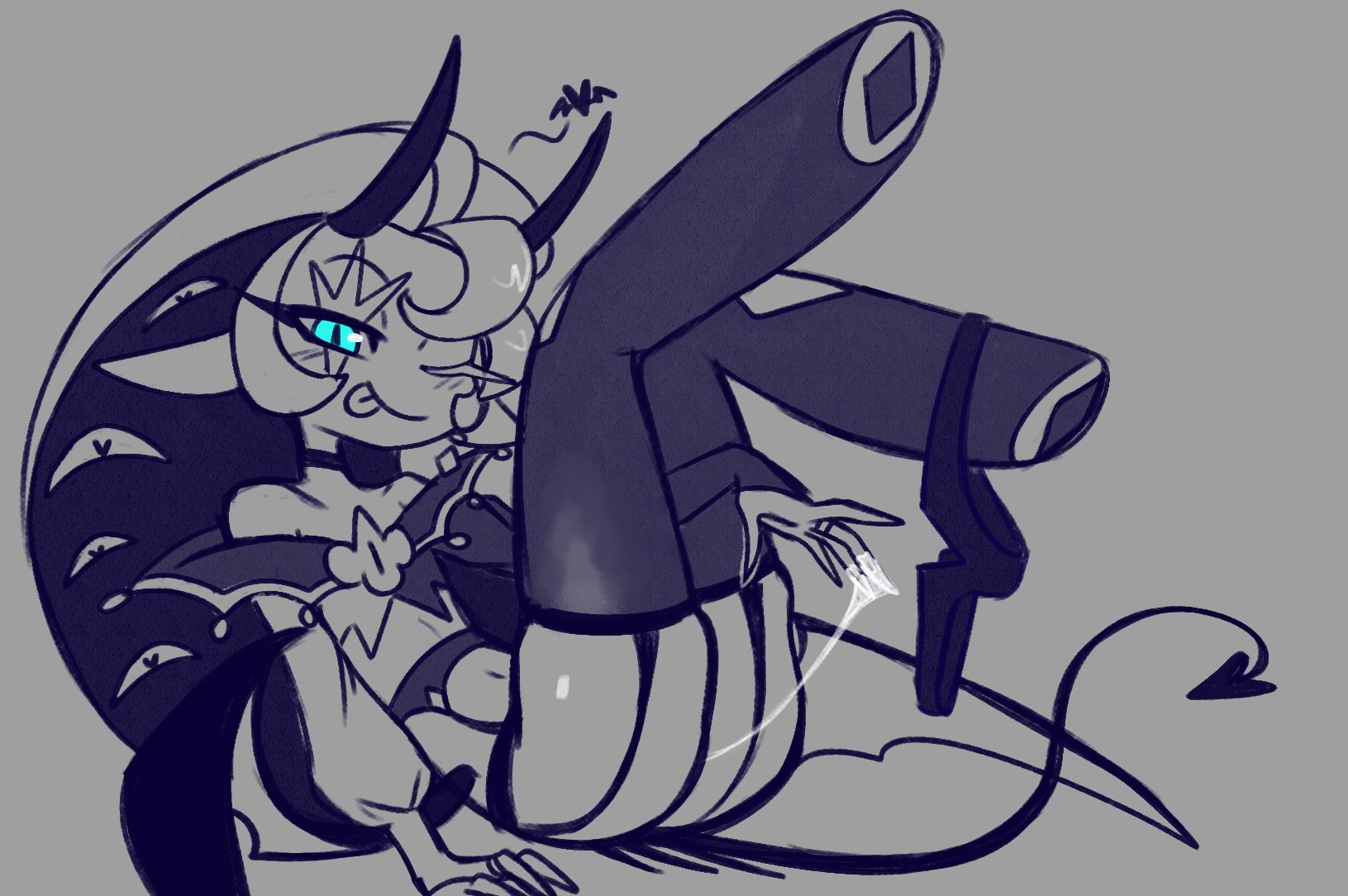 choker, cookie run, cookie run kingdom, creampie, cum, cum inside, cum on fingers, cum string, cuntboy, floofierun, heart-shaped pupils, incubus, midriff, one eye closed, one eye open, panties, panties hanging from feet, panties removed, shadow milk cookie, spade tail, thighhighs, wink