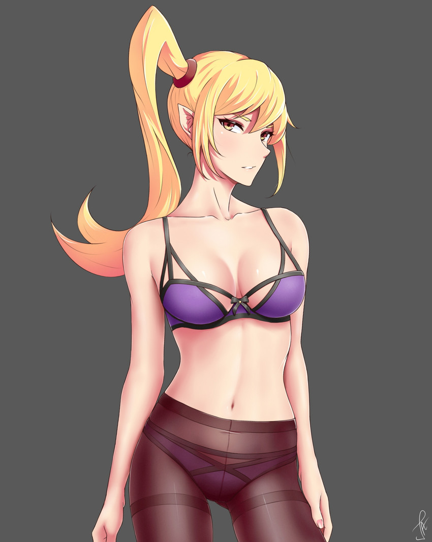 arm_at_side ass_visible_through_thighs asymmetrical_hair bangs bare_arms bare_shoulders blonde_hair blush bra breasts brown_legwear cleavage collarbone cowboy_shot crotch_seam female grey_background hand_on_own_thigh j_adsen kiss-shot_acerola-orion_heart-under-blade kizumonogatari long_hair looking_at_viewer medium_breasts monogatari_(series) nail_polish navel pale-skinned_female panties panties_under_pantyhose pantyhose parted_lips pink_nails pointy_ears purple_bra purple_panties side_ponytail signature solo standing thighband_pantyhose underwear vampire very_long_hair yellow_eyes