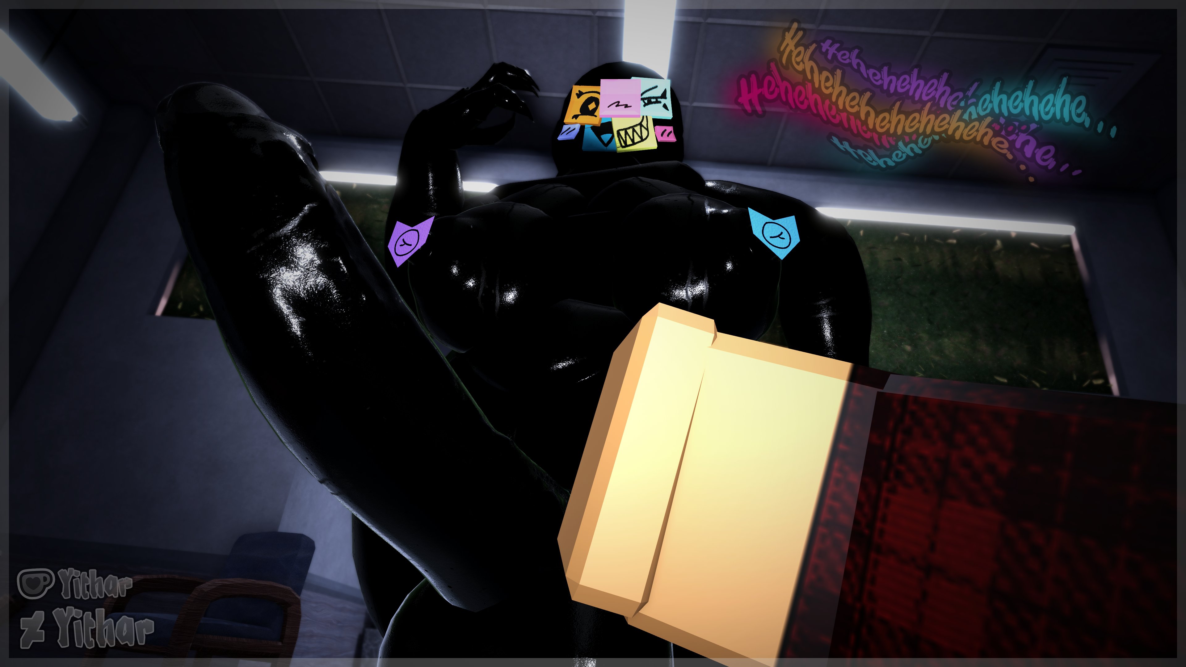 1boy1futa, 1futa1boy, 3d, 3d (artwork), 3d render, bbw, belly, big balls, big belly, big breasts, big nipples, big penis, big thighs, blush lines, breasts, breasts out, character request, chubby, chubby futa, dickgirl, dickgirl/male, doors (roblox), erect penis, futanari, huge balls, huge breasts, huge penis, huge thighs, hyper, hyper penis, laughing, laughing at viewer, long penis, looking up, massive balls, massive penis, nipples, office, penis, penis out, pov, pov eye contact, roblox, roblox game, shadow, shadow creature, shiny breasts, shiny skin, smug, sticky note, tagme, the drones (doors), yithar