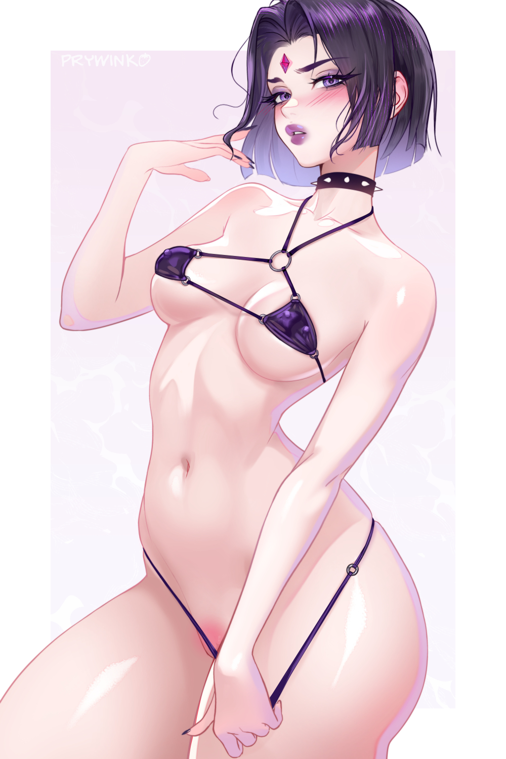 1girl, alternate costume, artist name, bare shoulders, bikini, black bikini, breasts, dc comics, forehead jewel, highres, large breasts, nail polish, navel, prywinko, purple bikini, purple hair, raven (dc), short hair, solo, standing, swimsuit, teen titans, teeth, white background