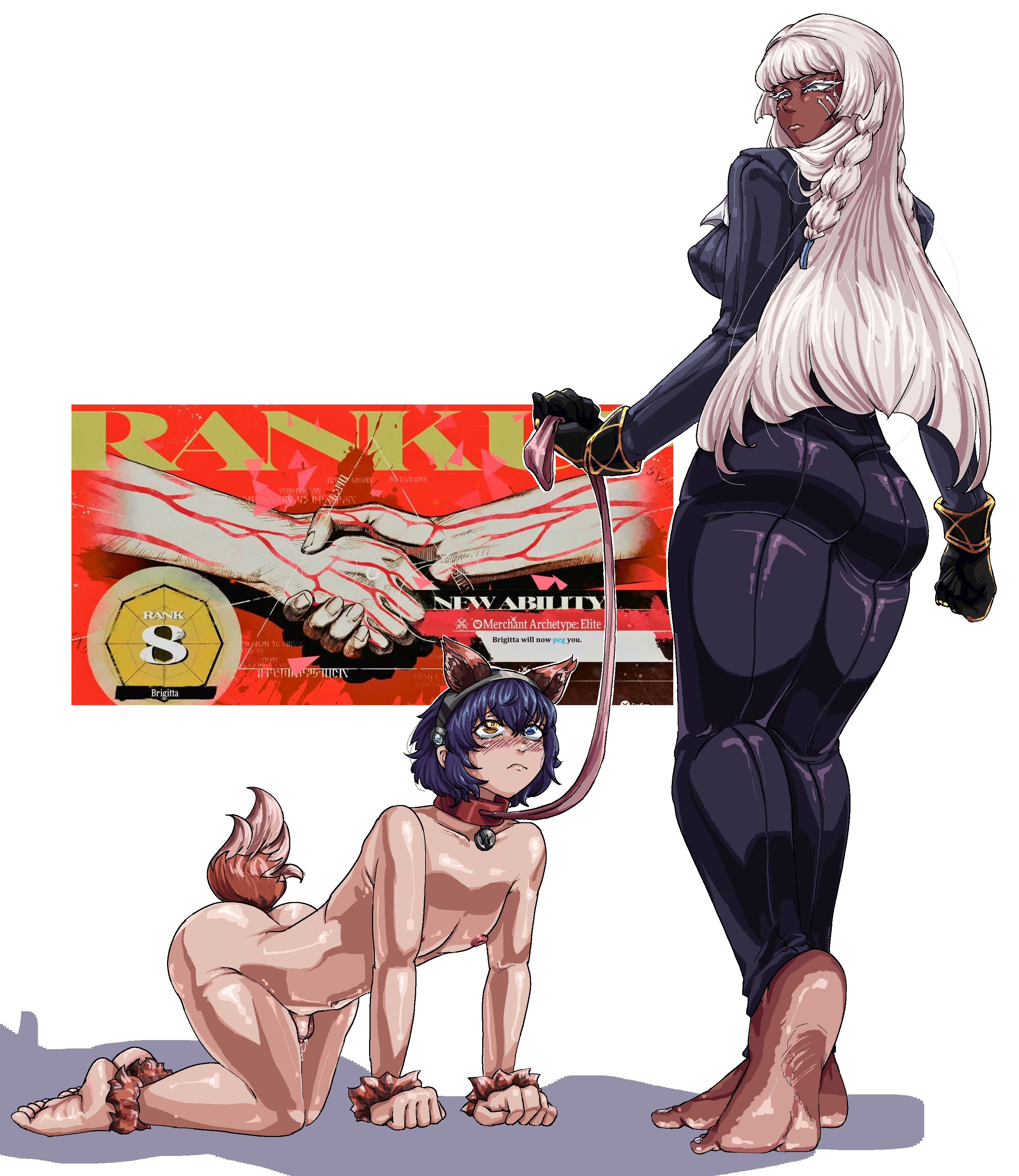 1boy, 1girls, atlus, barefoot, blue hair, blush, brigitta lycaon, collar, dark skin, dark-skinned female, female, femboy, femdom, heterochromia, leash, long hair, male, metaphor: refantazio, nude, oiddra, petplay, white hair, will (metaphor: refantazio)
