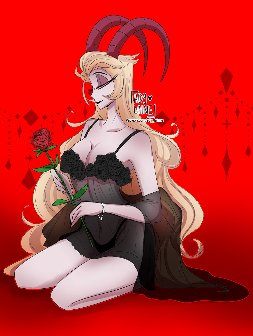 1girls, ady laine, demon, female, female only, flowing hair, hazbin hotel, horns, lilith morningstar (hazbin hotel), lingerie, long hair, milf, mother, patreon reward, pin up, pinup, rose (flower), solo, straight hair, succubus, tagme, text, vivienne medrano