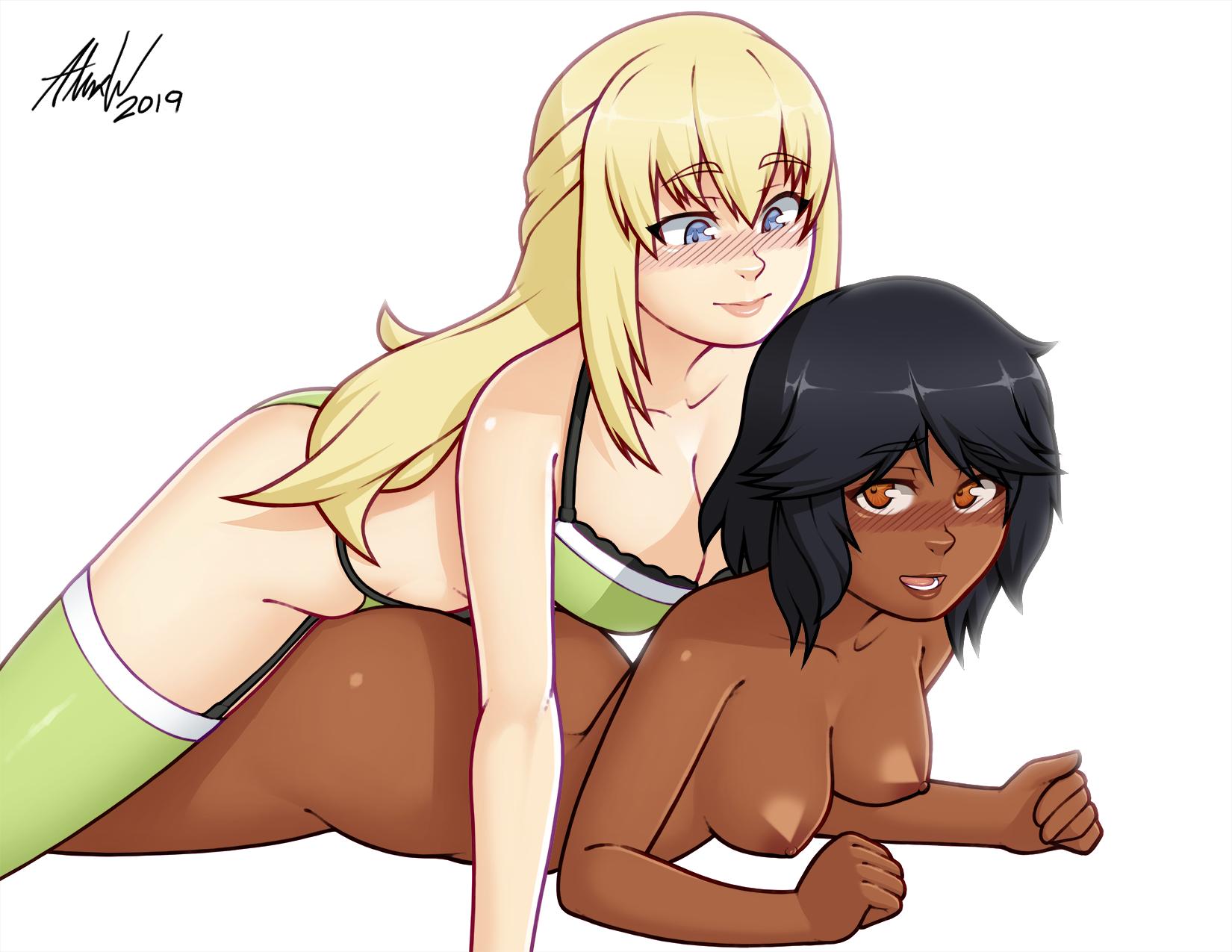 1futa, 1girls, alexw95, alternate breast size, areolae, ass, big breasts, blonde hair, blue eyes, blush, breasts, busty, chocolate and vanilla, cleavage, clothing, curvy, dark skin, dark-skinned female, deep penetration, dickgirl, doggy style, erect nipples, female, female penetrated, femsub, from behind, futa on female, futa penetrating, futa sans balls, futadom, futanari, herm, implied futa, interracial, intersex, light skin, light-skinned futa, medium breasts, naked, nipples, nude, pale skin, prone bone, pussy, sex, spread legs, teenager, thick ass, thick thighs, underwear, vaginal penetration, wide hips