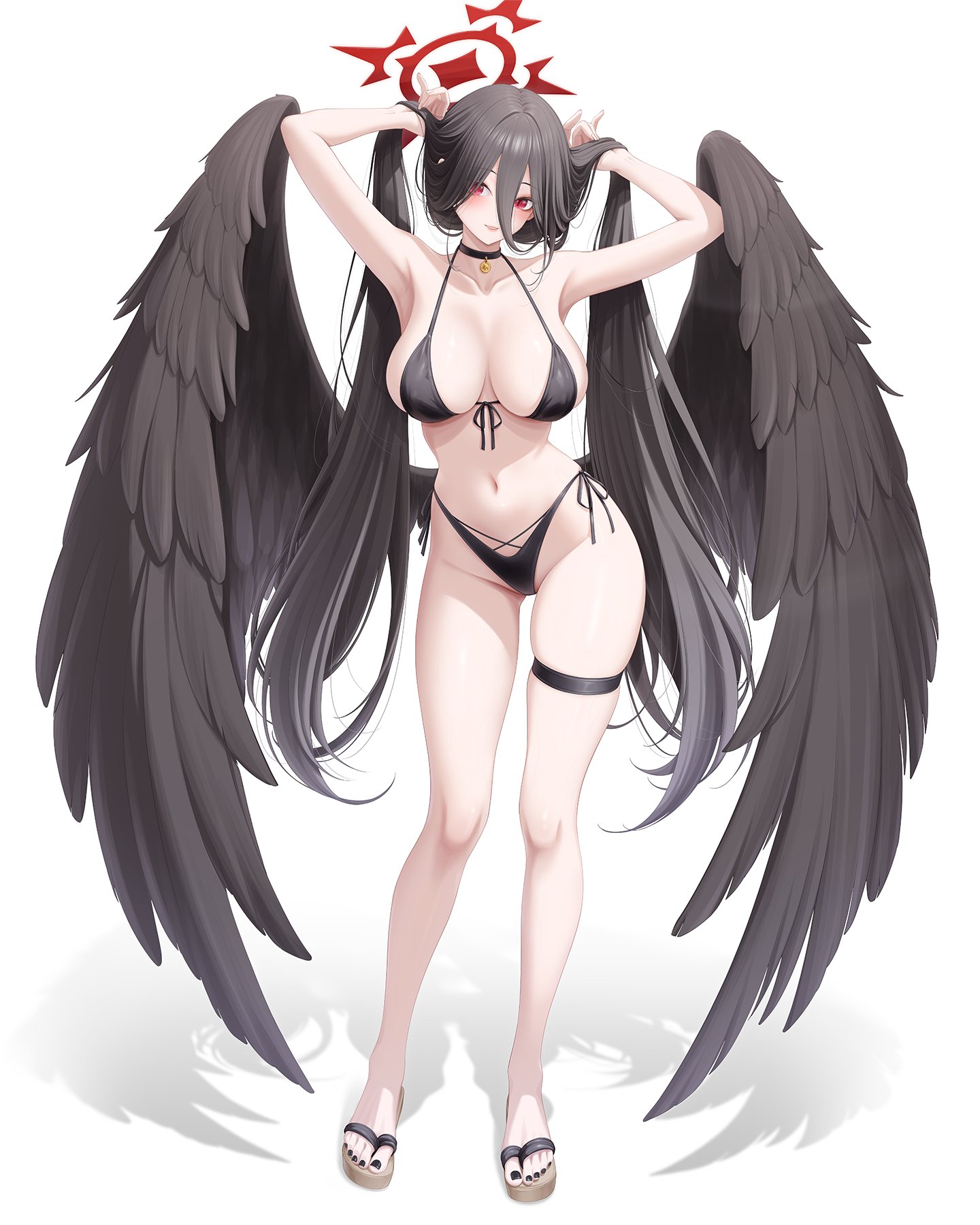 armpits, arms up, bare legs, bare shoulders, bikini, black bikini, black choker, black hair, black nails, black wings, blue archive, breasts, bunching hair, choker, cleavage, collarbone, commentary request, feathered wings, female, front-tie bikini top, front-tie top, full body, grin, hair between eyes, halo, halterneck, hasumi (blue archive), hasumi (swimsuit) (blue archive), highleg, highleg bikini, highres, korean commentary, large breasts, long hair, looking at viewer, myomomoo, nail polish, navel, official alternate costume, red eyes, sandals, shadow, side-tie bikini bottom, simple background, skindentation, smile, solo, standing, stomach, string bikini, swimsuit, thigh strap, thighs, toenail polish, toenails, twintails, very long hair, white background, wings