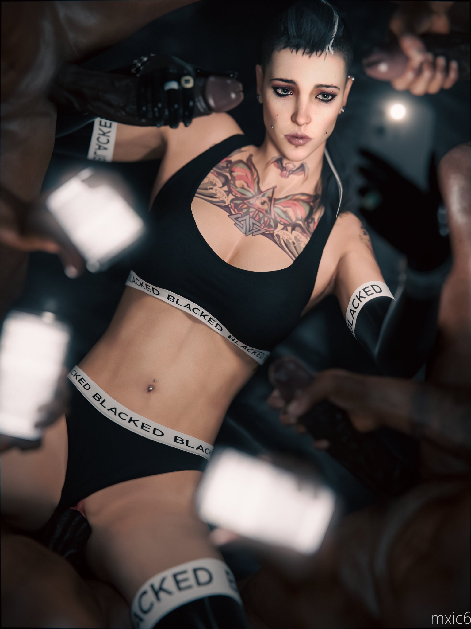 1girls, 2026, 3d, 3d (artwork), 4boys, 4boys1girl, balls, big penis, black hair, blacked, blacked clothing, bracelet, cellphone, clara lille, dark-skinned male, female, fivesome, interracial, large penis, latex, latex clothing, latex gloves, male, male/female, masturbating, masturbation, mohawk, mohawk (hairstyle), multiple boys, muscular, muscular male, mxic6, piercing, piercings, punk, punk girl, recording, sex, tattoo, tattoo on chest, tattooed arm, ubisoft, vaginal penetration, vaginal sex, watch dogs