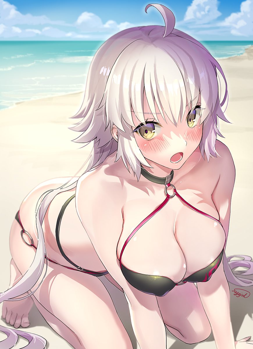 ahoge all_fours beach blush breasts collar fate/grand_order fate_(series) female female_only jeanne_alter kneeling looking_at_viewer open_mouth pale-skinned_female sage_joh swimsuit tagme white_hair yellow_eyes