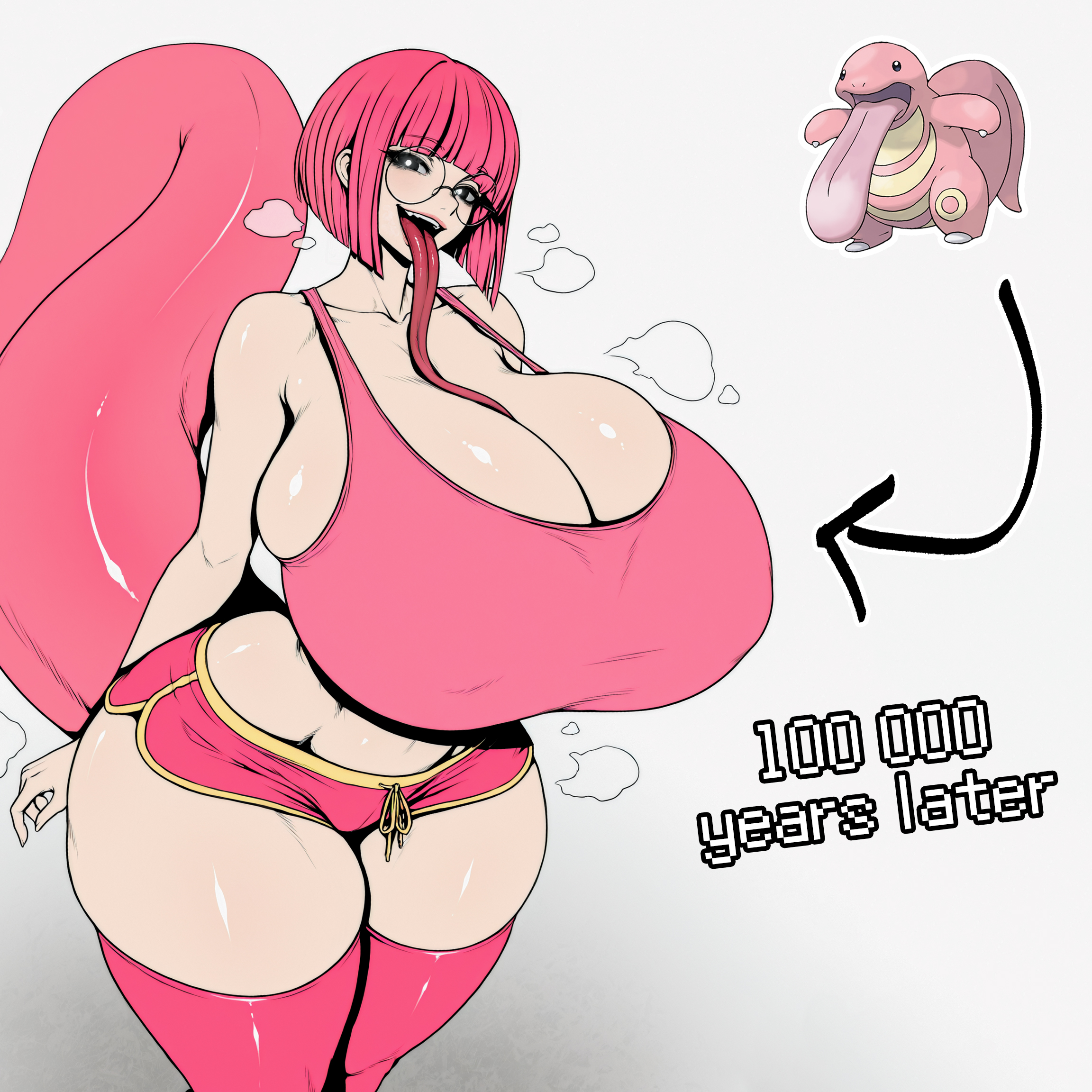 1girls, 2026, ai generated, aroused, ass, beroringa, big breasts, black eyes, breasts, breasts bigger than head, cleavage, crop top, curvaceous, curvaceous female, curvaceous figure, curves, curvy, curvy body, curvy female, curvy figure, curvy hips, evolution, female, female focus, game freak, gigantic breasts, glasses, glowing eyes, gradient background, heavy breathing, hi res, highres, hips, hips wider than shoulders, horny, horny female, hourglass figure, hourglass figured female, huge ass, huge breasts, humanized pokemon, large breasts, lickitung, light skin, light-skinned female, long tongue, looking at viewer, massive breasts, micro shorts, midriff, narrow waist, nintendo, nunai, open mouth, pink hair, poco a pokemon, pokemon, pokemon (species), pokemon pokopia, pokopia, seductive, short hair, skindentation, smile, smiling at viewer, steam, steaming body, steamy breath, tail, text, thick thighs, thighhighs, thighs, thighs bigger than head, tight clothing, tongue, tongue out, transformation, very long tongue, voluptuous, voluptuous female, wide hips, zettai ryouiki