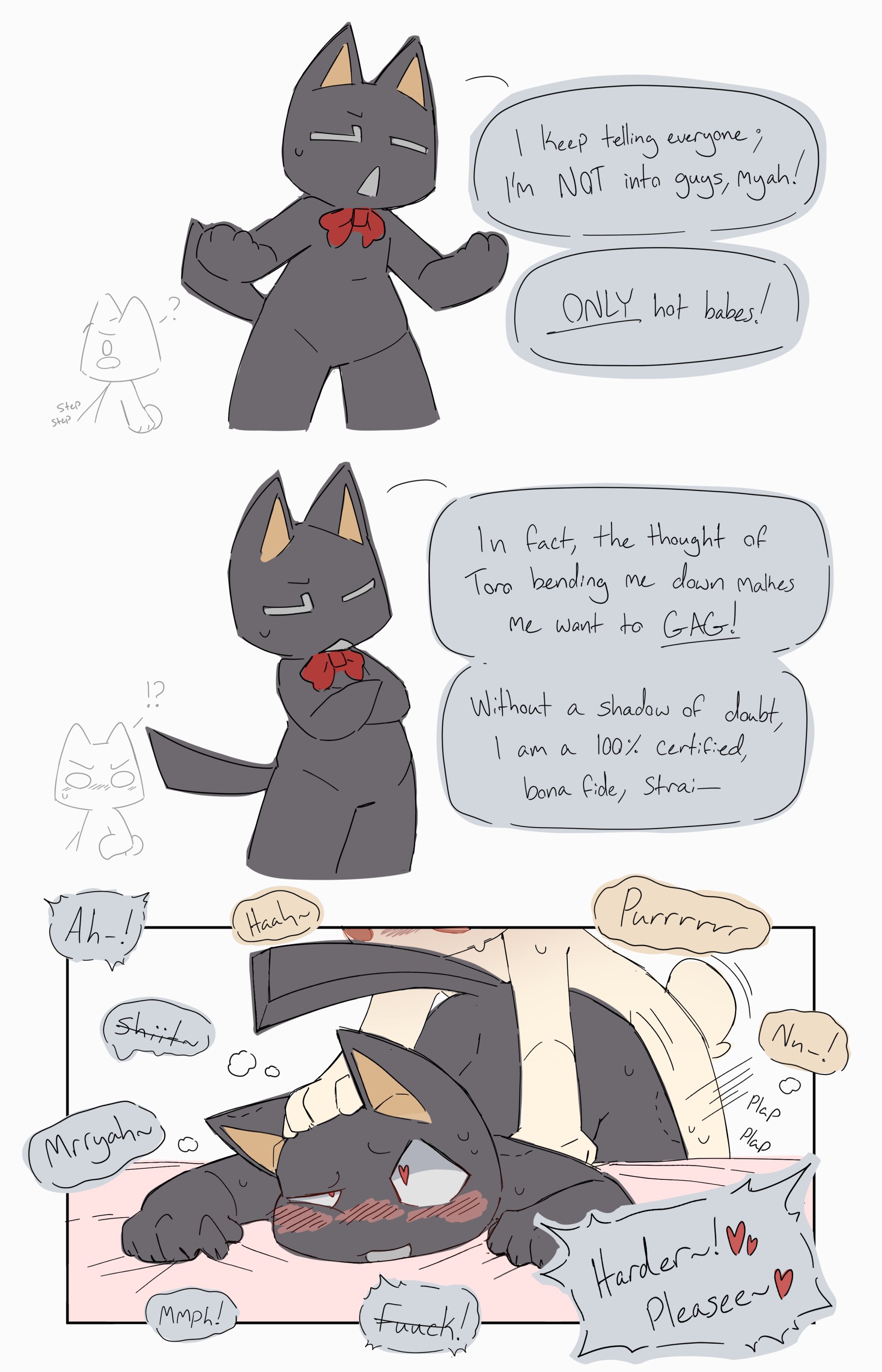 2boys, anal, anal penetration, anal sex, bent over, bite mark, bj (artist), blush, bodily fluids, comic, dialogue, doko demo issho, domestic cat, from behind, fucked silly, gay denial, heart, heart-shaped pupils, kuro (doko demo issho), male, male only, male/male, mammal, on bed, onomatopoeia, orientation play, penetration, penile, penile penetration, sex, simple background, sketch, sony interactive entertainment, speech bubble, standing sex, sweat, sweatdrop, text, toro inoue