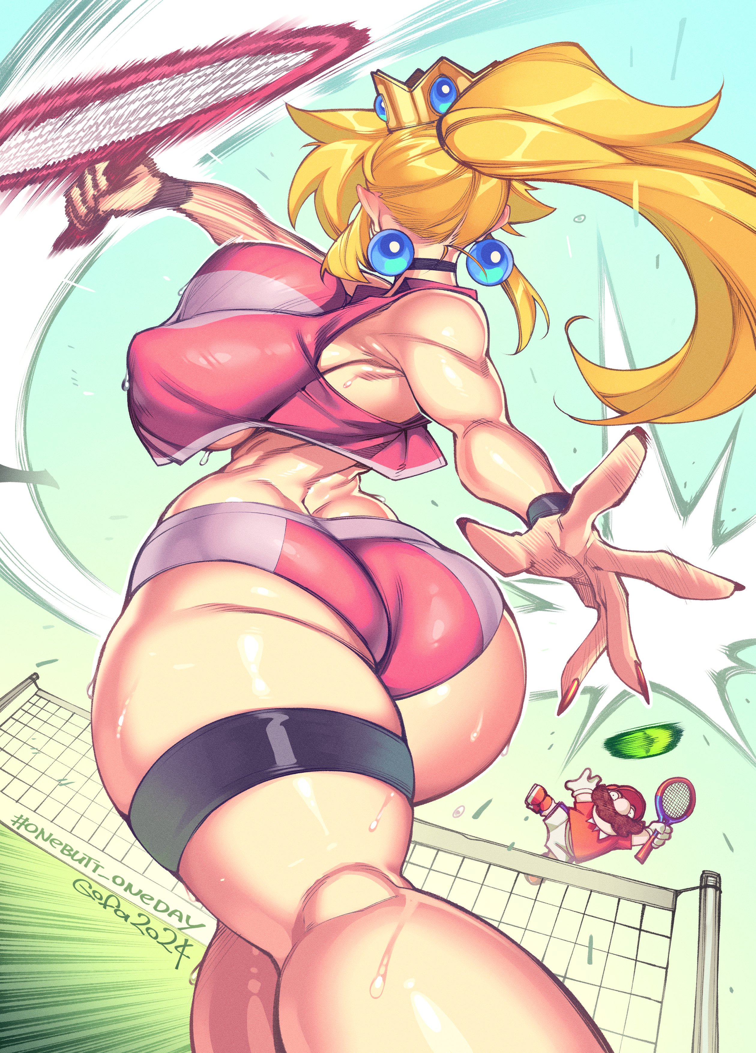 1boy, 1girls, ass, big ass, big breasts, big butt, big thighs, blonde female, blonde hair, booty shorts, breasts, choker, clothing, covered nipples, crown, ear piercing, emphasis lines, female, fully clothed, gofa, large ass, large butt, large thighs, male, male/female, mario, mario (series), mario tennis, nintendo, nipple bulge, pink shorts, ponytail, princess peach, red fingernails, round ass, skindentation, super mario bros., sweat, tennis, tennis racket, tennis uniform, thick thighs, thigh strap, thighs