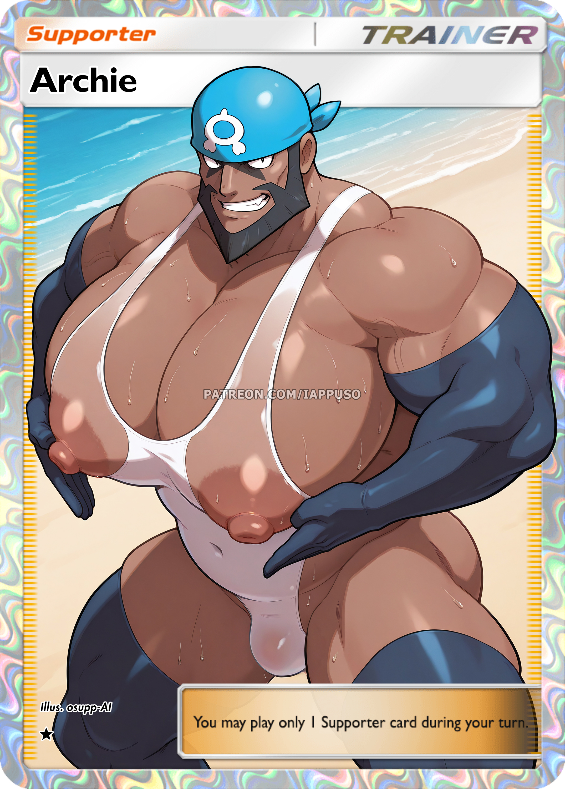 1boy, ai assisted, ai generated, archie (pokemon), bara, bara tiddies, bara tits, barazoku, big areola, big nipples, big pecs, big pectorals, dark-skinned male, elbow gloves, facial hair, haigure, haigure pose, himbo, huge pecs, huge pectorals, large pecs, large pectorals, male, male breasts, male only, mature male, muscular, muscular male, one-piece swimsuit, osupp-ai, pokemon, pokemon card, pokemon tcg pocket, public, sweat, swimsuit, thick thighs, thighhighs, voluptuous male, wet, wet body, wet clothes, wet skin