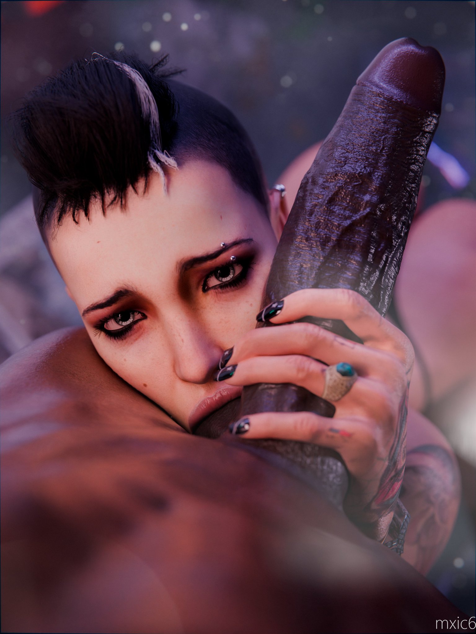 1boy, 1boy1girl, 1girls, 2026, 3d, 3d (artwork), big penis, blue eyes, bracelet, clara lille, dark-skinned male, female, interracial, large penis, looking at viewer, male, male/female, mohawk, mohawk (hairstyle), mxic6, oral, oral sex, pierced nipples, piercing, piercings, punk, punk girl, ring, ring (jewelry), sucking balls, tattoo, tattoo on chest, tattooed arm, ubisoft, veiny penis, watch dogs