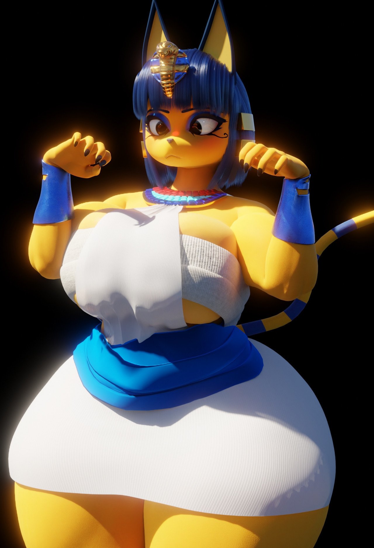 1girls, 3d, animal crossing, ankha, ankha (scrag boy), ass, bandage, black eyes, blue hair, bracelet, cat ears, cat girl, cat tail, female, female only, large breasts, makeup, necklace, palmtreerothic, scrag boy (model), short hair, sideboob, skirt, tagme, thick thighs, voluptuous, wide hips, yellow body, yellow fur