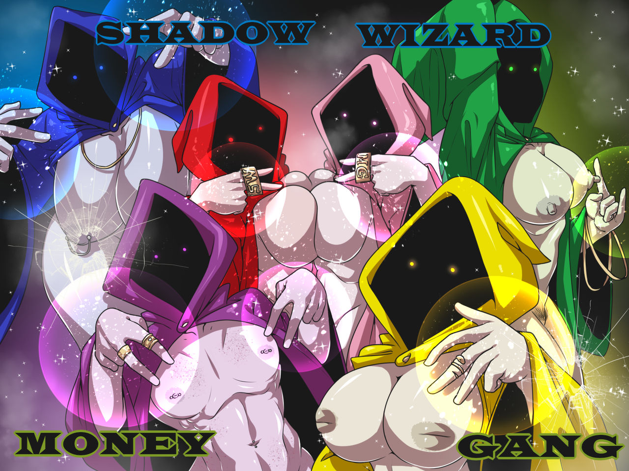 big breasts, breast squish, breasts, cloak, female, female only, glowing, glowing eyes, group, hand sign, hidden face, inverted nipples, mythios, necklace, nipple piercing, nipples, peace sign, pubes, ring, shadow wizard money gang, small breasts, tagme, text, white body