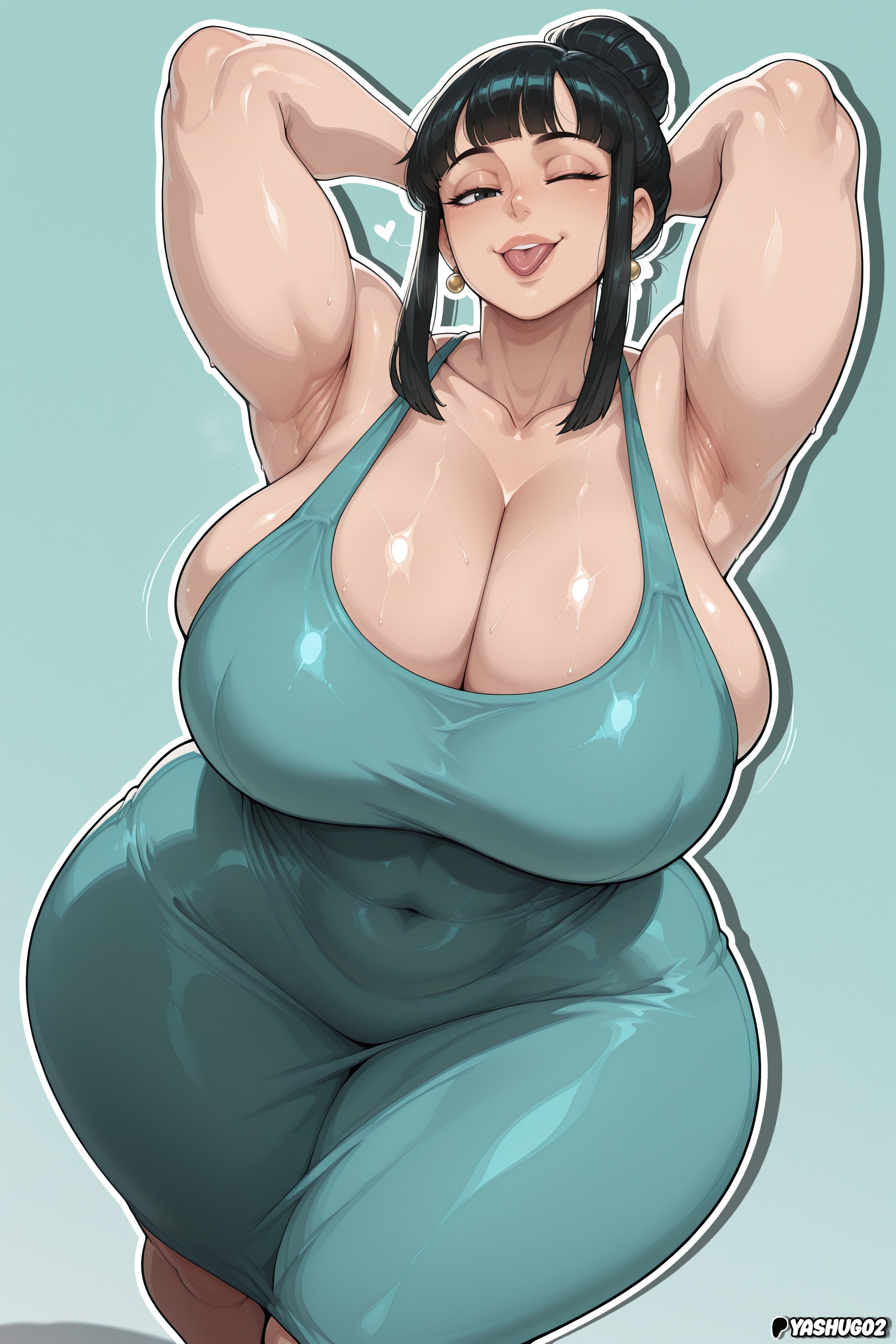 1girls, ai, ai art, ai generated, chichi, chichi (dragon ball), child bearing hips, curvaceous, curvy, curvy figure, dragon ball, jpg, shiny, shiny clothes, shiny skin, solo, solo female, solo focus, twitter link, voluptuous, voluptuous female, yashugai