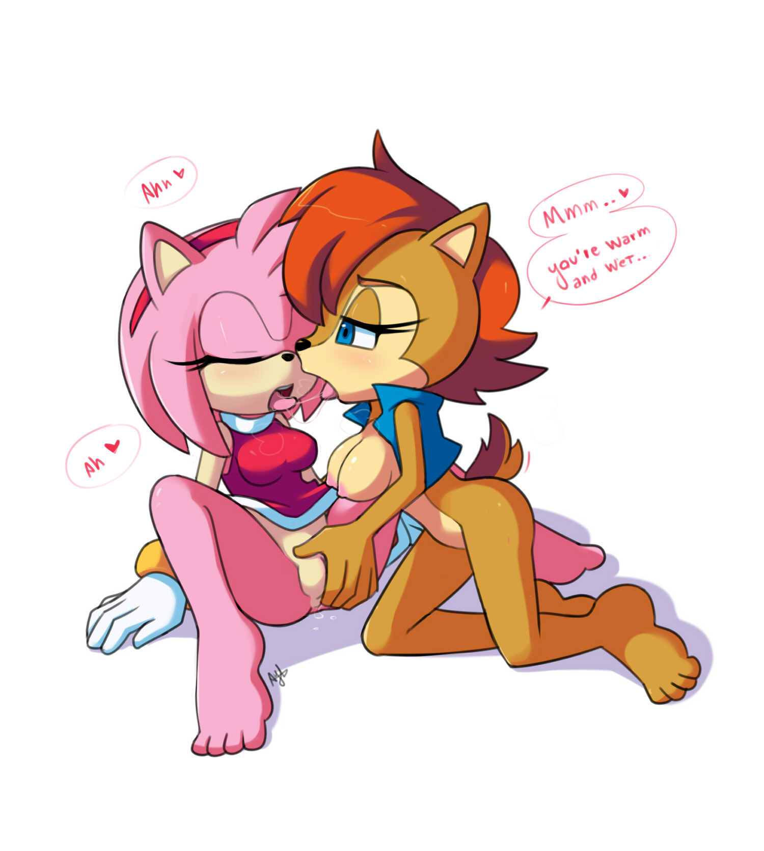 after kiss, amy rose, anthro, archie comics, areolae, ass, ayb, aybr, barefoot, black nose, blue eyes, blush, breasts, brown fur, chipmunk, clothing, dialogue, dress lift, english text, feet, female, furry, gloves, hair, hair ornament, hairband, hedgehog, interspecies, jacket, mammal, masturbation, nipples, open clothes, open mouth, pink fur, pink hair, pussy, pussy juice, red hair, rodent, saliva, saliva string, sally acorn, sega, signature, simple background, sonic (series), sonic the hedgehog (archie), sonic the hedgehog (comics), sonic the hedgehog (series), speech bubble, spread legs, spreading, squirrel, tail, text, tongue, tongue out, vaginal masturbation, white background, white gloves
