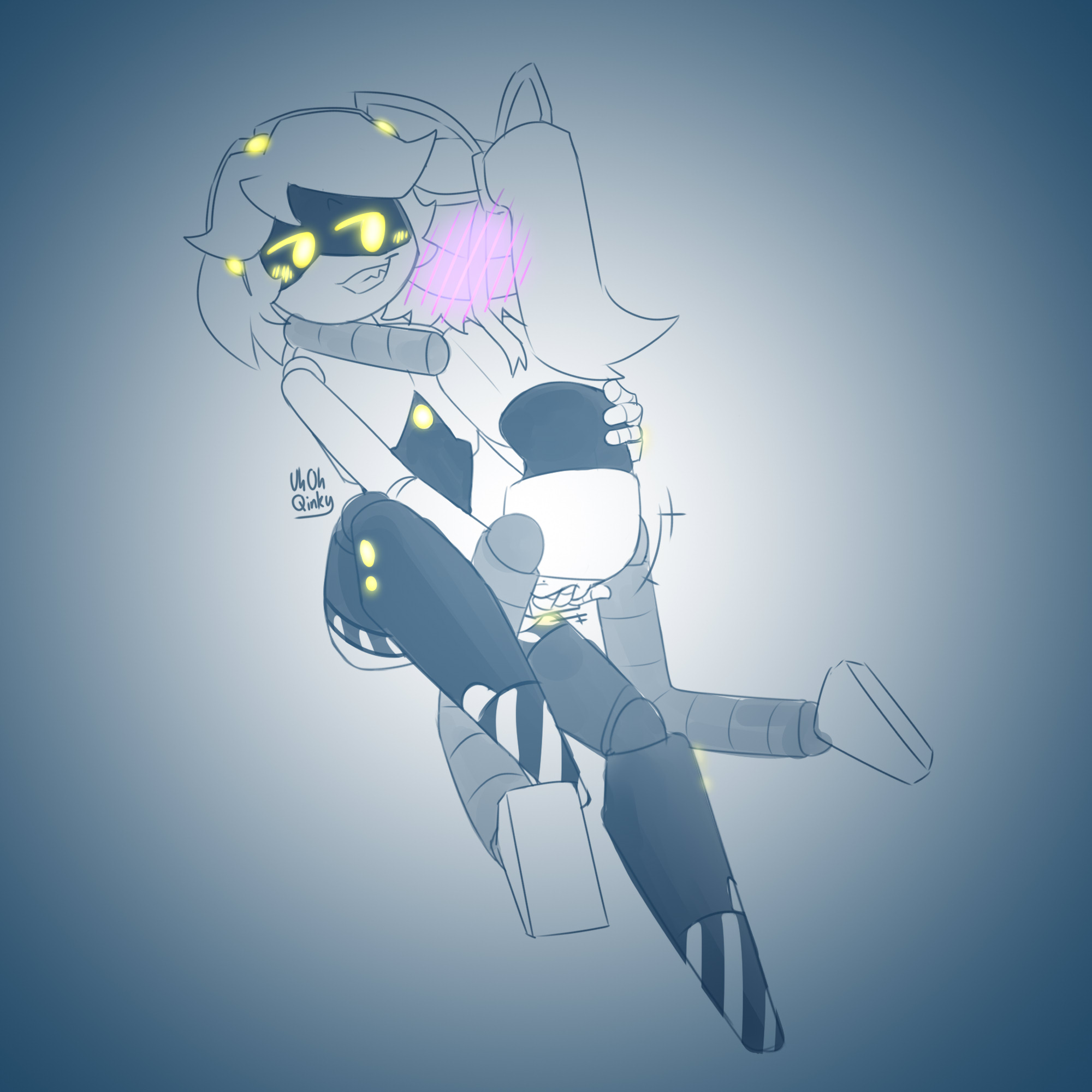2girls, blush, blush lines, female, female only, fingering, fingering pussy, glitch productions, lizzy (murder drones), murder drones, pussy, robot, robot girl, robot humanoid, uhohqinky, v (murder drones), yuri