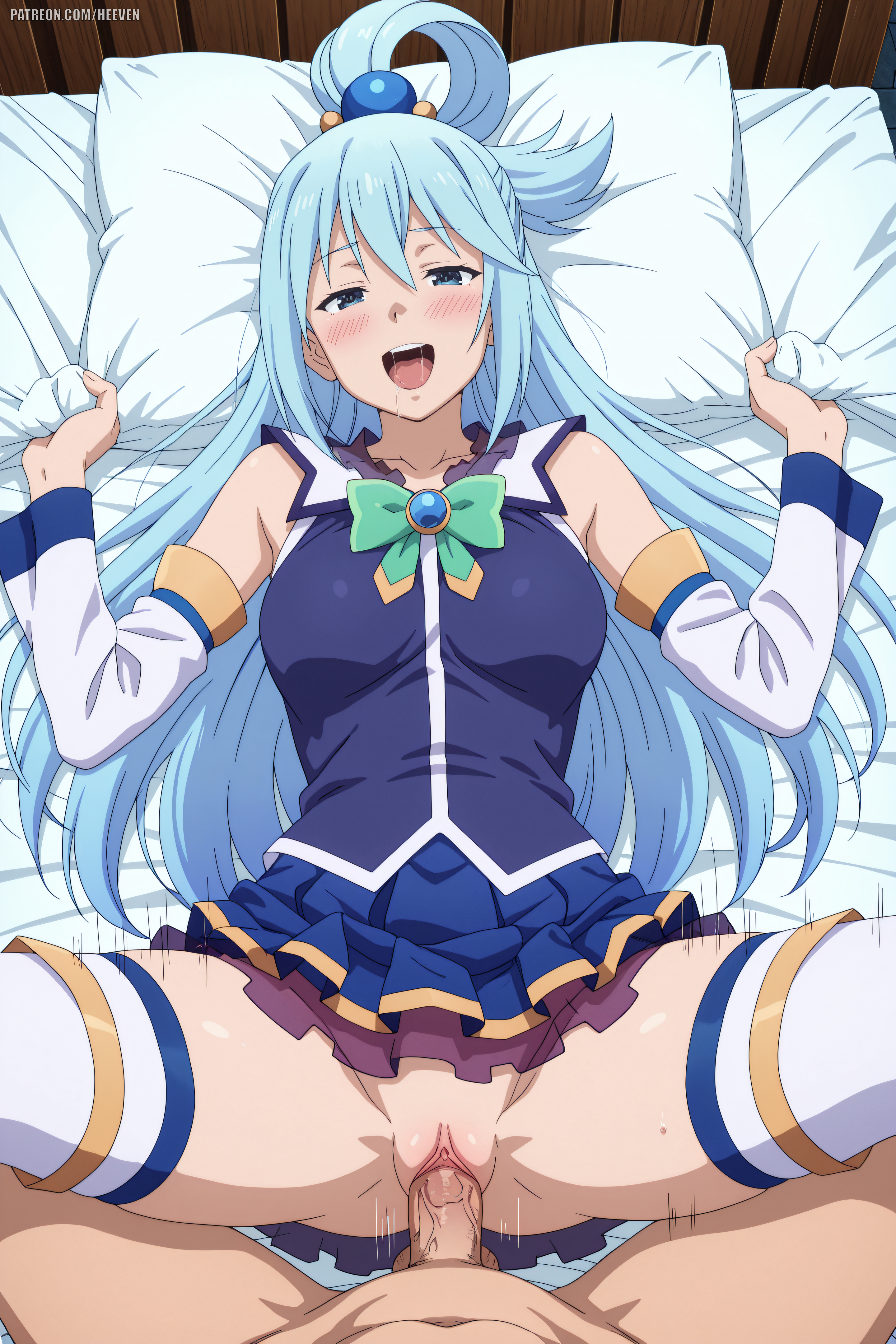 1boy, absurdres, adult, ai generated, aqua (konosuba), big breasts, heeven, highres, imminent sex, kono subarashii sekai ni shukufuku wo!, konosuba, mature, missionary, missionary position, missionary sex, perfect body, sex on bed, uncensored