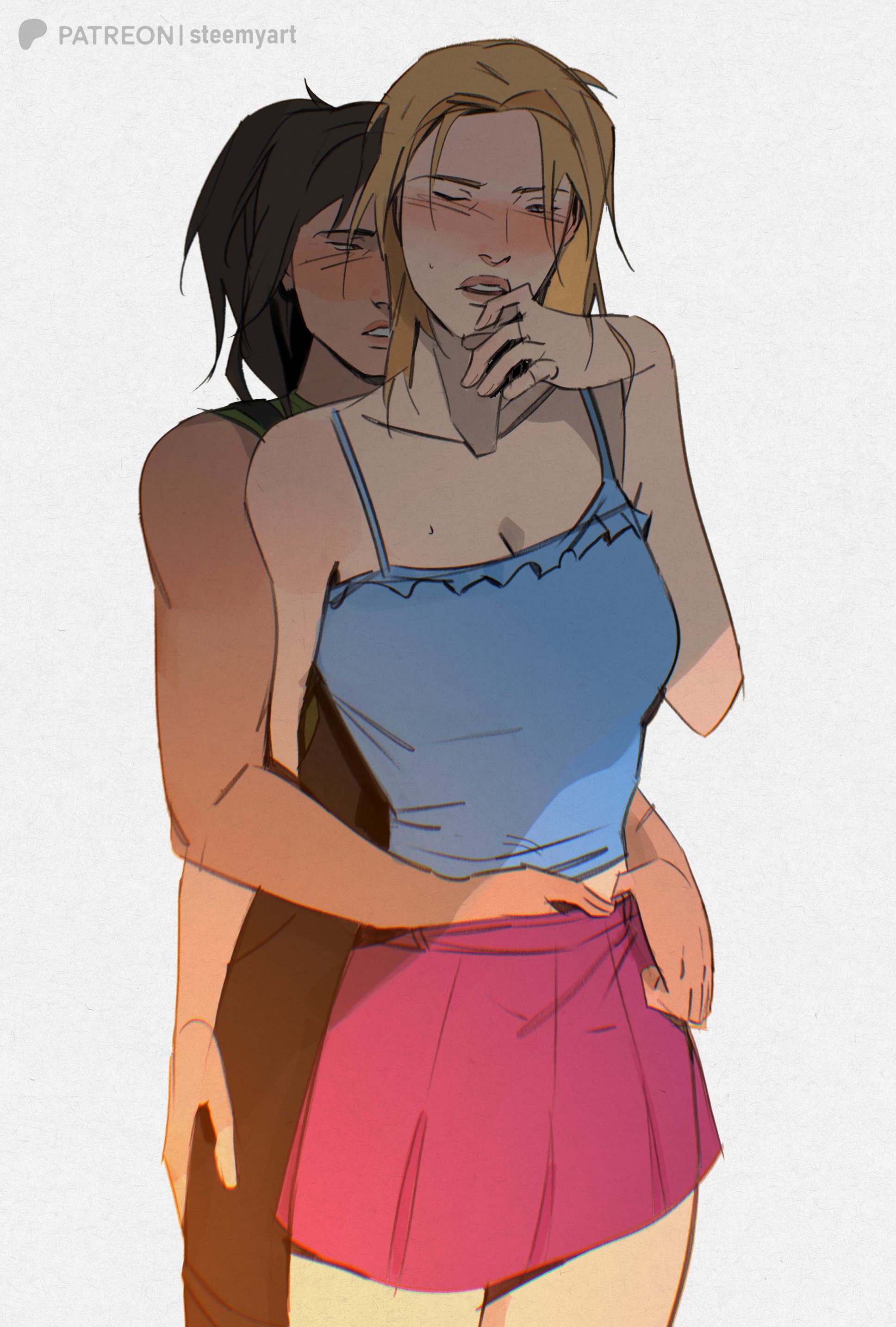 2girls, blonde hair, blush, blushing, brunette hair, clothed, clothed female, farmer (stardew valley), female, female only, female/female, haley (stardew valley), hand in another's skirt, hand under clothes, height difference, larger female, lesbian, one eye closed, reach around, smaller female, stardew valley, steemyart, suggestive, thick thighs, white background, yuri