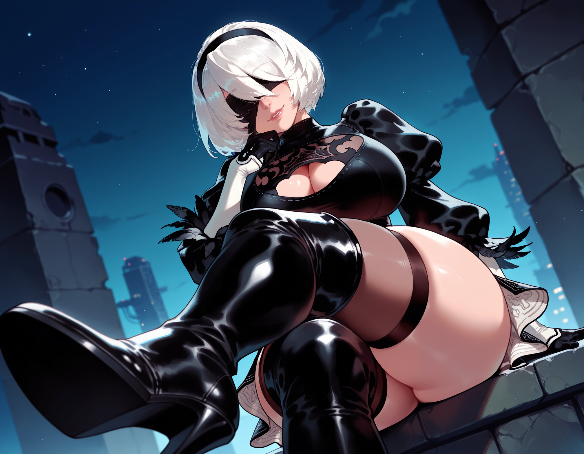 1girls, 2b (nier:automata), ai generated, alternate breast size, ass, balecxi, black blindfold, black dress, black footwear, black gloves, black hairband, black thighhighs, blindfold, boots, breasts, building, cleavage, cleavage cutout, clothing, clothing cutout, covered eyes, crossed legs, curvaceous, curvaceous female, curvaceous figure, curvy, curvy figure, dress, feather trim, feather-trimmed sleeves, female, female focus, female only, footwear, from below, fuck me boots, gloves, hairband, headwear, high heel boots, high heels, juliet sleeves, large breasts, leather boots, legwear, lips, long sleeves, mole, mole under mouth, nier (series), nier: automata, night, night sky, outdoors, parted lips, puffy sleeves, shoes, short hair, sitting, sky, smile, solo, thick thighs, thigh boots, thighhighs, thighhighs under boots, thighs, voluptuous, voluptuous female, white hair, yorha 2b, yorha no.2 type b