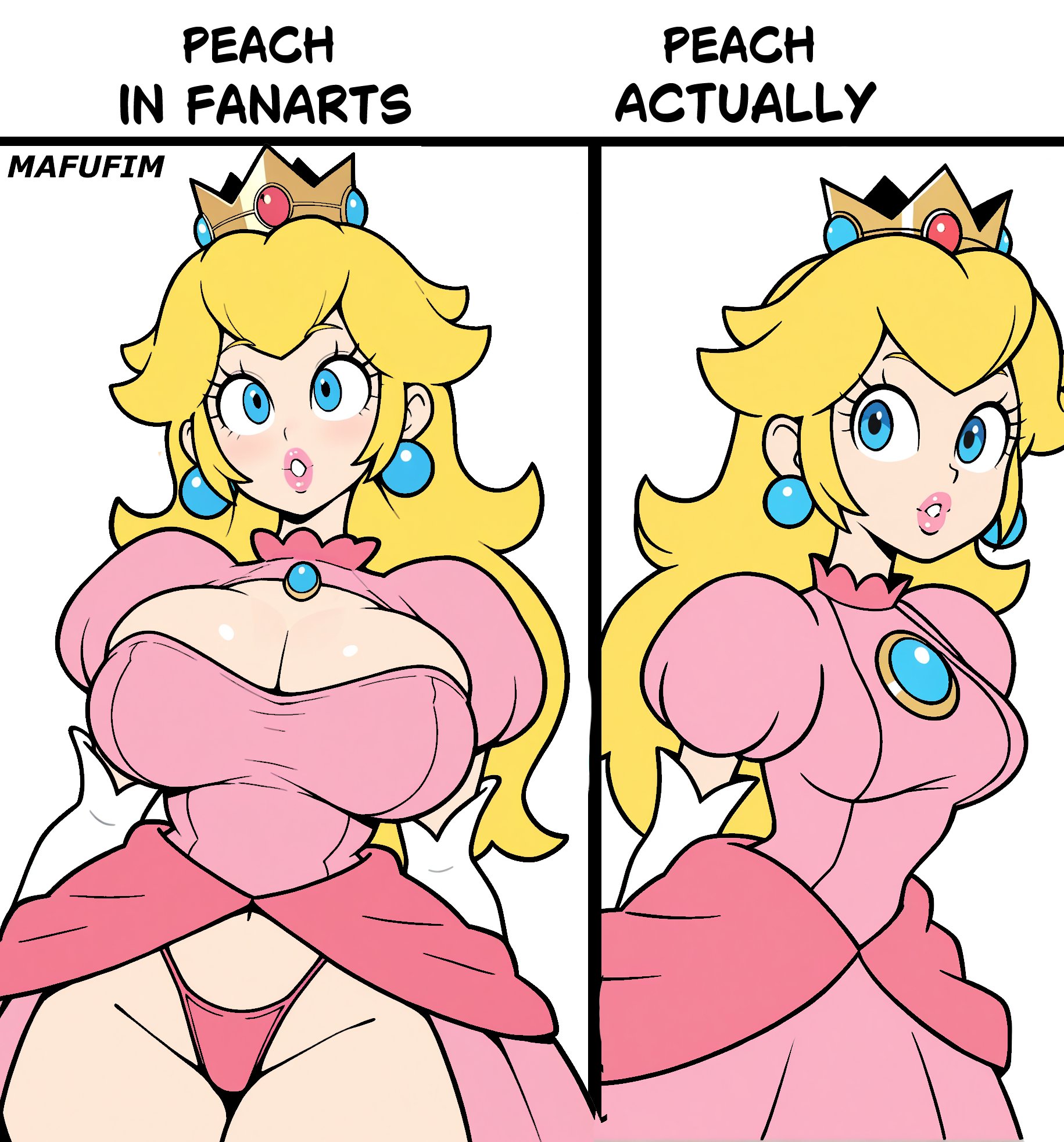 1girls, ai generated, barely contained, big breasts, bimbo, bimbofication, blonde hair, blonde-haired female, blue eyes, breasts, bursting out of clothing, busty, busty female, canon vs fanon, cleavage, clothing, english text, female, female focus, female only, highleg panties, hourglass figure, large breasts, light skin, light-skinned female, mafufim, mario (series), meme, nintendo, princess peach, slim waist, solo, solo female, solo focus, text, thick thighs, thighs, white background, wide hips