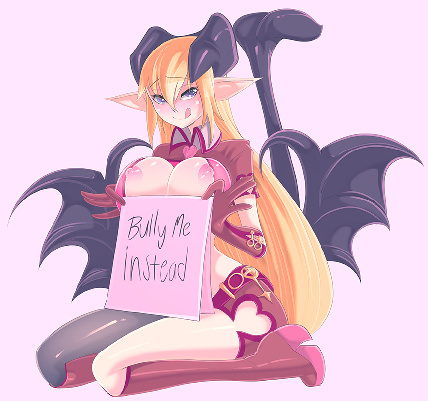 alp (monster girl encyclopedia), asymmetrical legwear, breasts, demon, demon girl, exposed nipples, female, huge breasts, licking lips, monster girl encyclopedia, necrosmos, pointy ears, succubus, very long hair