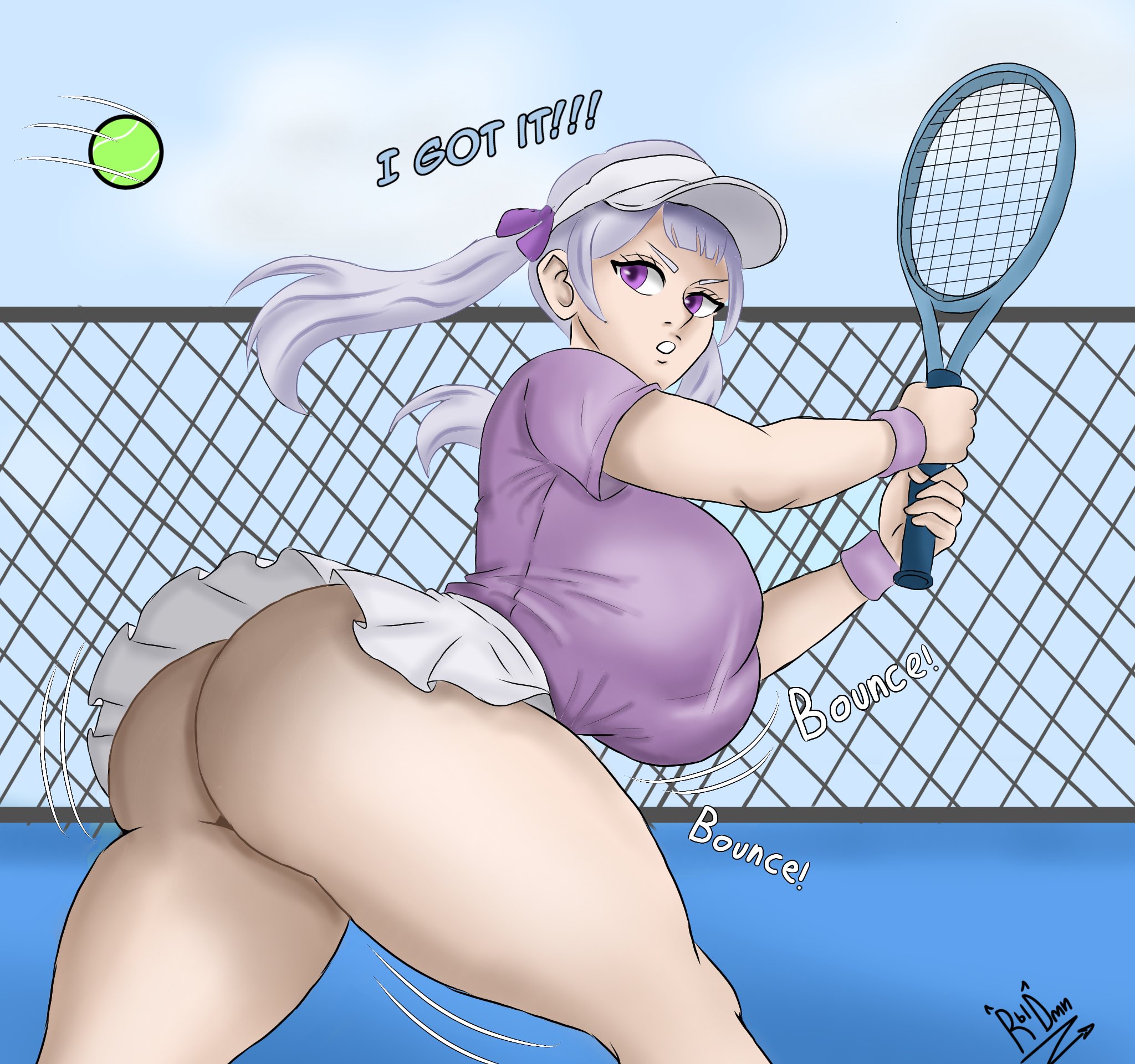 1girls, anime, ass, big ass, big breasts, big butt, black clover, breasts, clothed, clothed female, english text, female, female only, large ass, large boobs, large breasts, large butt, light skin, light-skinned female, manga, noelle silva, purple eyes, purple eyes female, solo, sports uniform, sportswear, tennis ball, tennis racket, tennis uniform, text, therbldmn, therebeldemon, voluptuous, voluptuous female