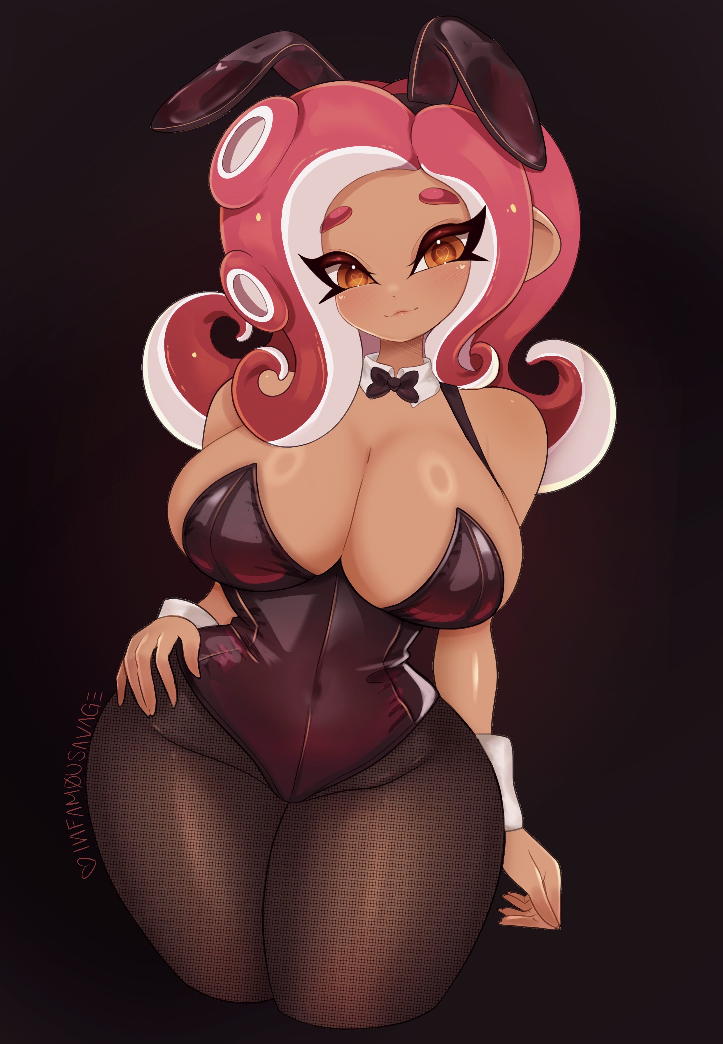 :3, 1girls, agent 8 (splatoon), big breasts, blush, bowtie, breast focus, breasts, bunny ears, bunny girl, bunnysuit, cleavage, cuffs, curly hair, fishnet legwear, fishnet pantyhose, fishnets, hand on hip, heart-shaped pupils, hourglass figure, infamousavage, looking at viewer, octoling, octoling girl, orange eyes, pantyhose, red hair, solo, splatoon, splatoon (series), splatoon 2, splatoon 2: octo expansion, thick thighs, wide hips