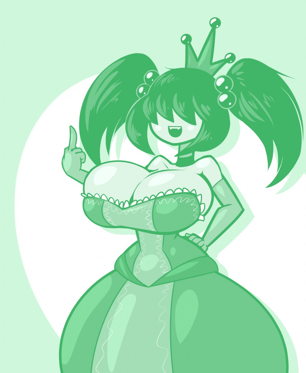 1girls, 2010s, 2018, 2018 easter candy contest, 4chan, artwork (digital), bangs, big breasts, blank background, breasts, clothed, clothing, collar, crown, dark green hair, digital art, dress, female, female only, fully clothed, gradient background, green clothes, green clothing, green dress, green hair, hair, hair beads, hair bobbles, hair covering eyes, hair ornament, hair over eyes, happy, huge breasts, humanoid, large breasts, limebreaker, medium hair, middle finger, mini princess, neckwear, open mouth, princess, sharp teeth, shiny hair, short hair, slim waist, solo, thin waist, twintails, twintails (hairstyle), waist, white body, white skin