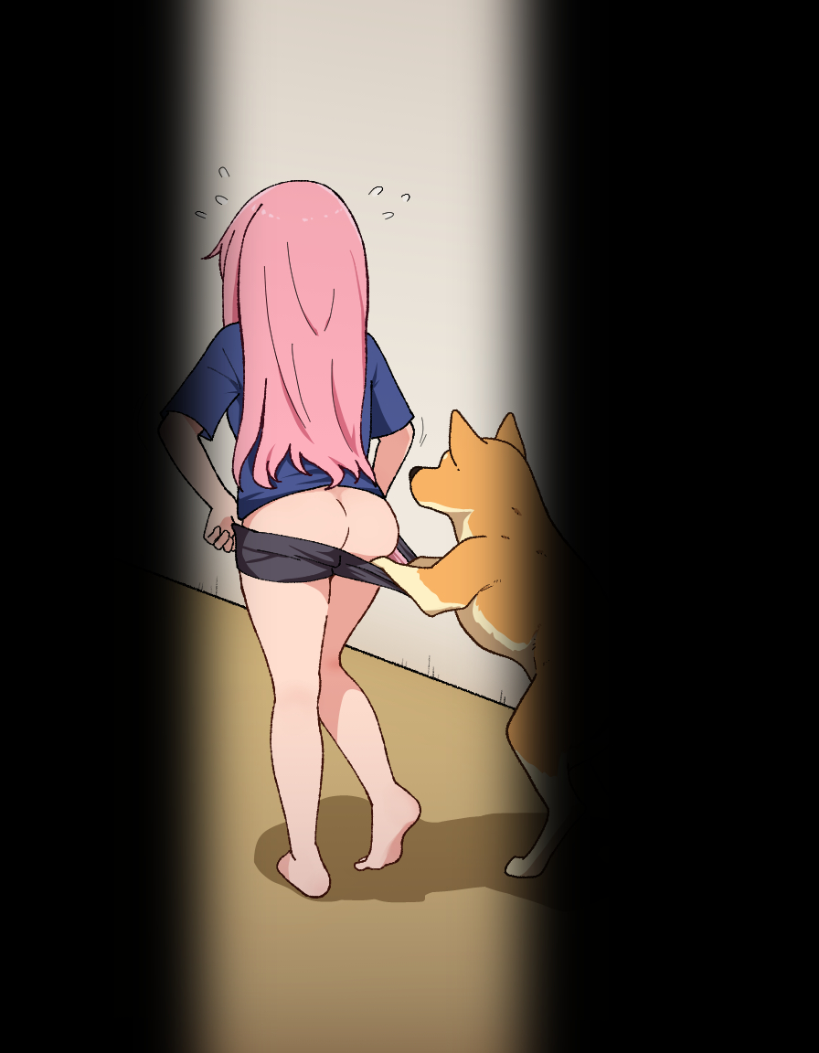 accidental exposure, ass, barefoot, canine, domestic dog, feral, human female, imminent bestiality, imminent sex, original, pale-skinned female, papako, pink hair, pulling clothing, voyeur, voyeur pov, voyeurism