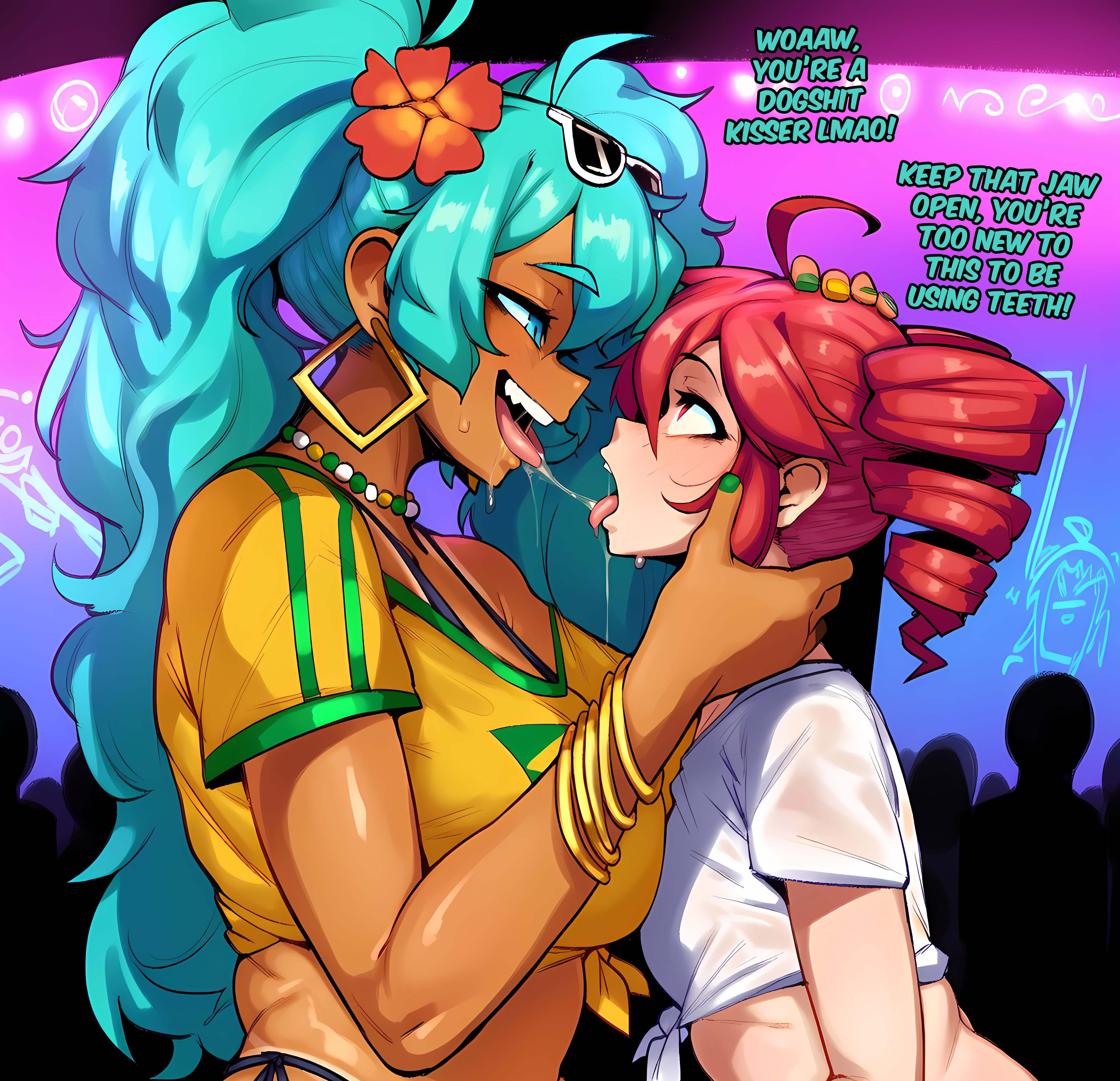 2girls, after kiss, ahoge, ai generated, aqua eyes, aqua hair, aqua nails, bangle, bikini, birdbrain (synthesizer v), birdbrain teto, blue eyes, bracelet, brazilian miku, breasts, crop top, crossover, crowd, dark skin, dark-skinned female, donbeboys, drill hair, earrings, english text, eyewear on head, flower, futanari, green nails, hair flower, hair ornament, hatsune miku, height difference, hibiscus, hoop earrings, jewelry, kasane teto, large breasts, long hair, looking at another, multiple girls, nail polish, necklace, open mouth, red eyes, red hair, saliva, saliva string, saliva trail, shirt, short sleeves, smile, sunglasses, swimsuit, tan, tanlines, tanned futa, teeth, tied shirt, tongue, tongue out, twin drills, twintails, yuri