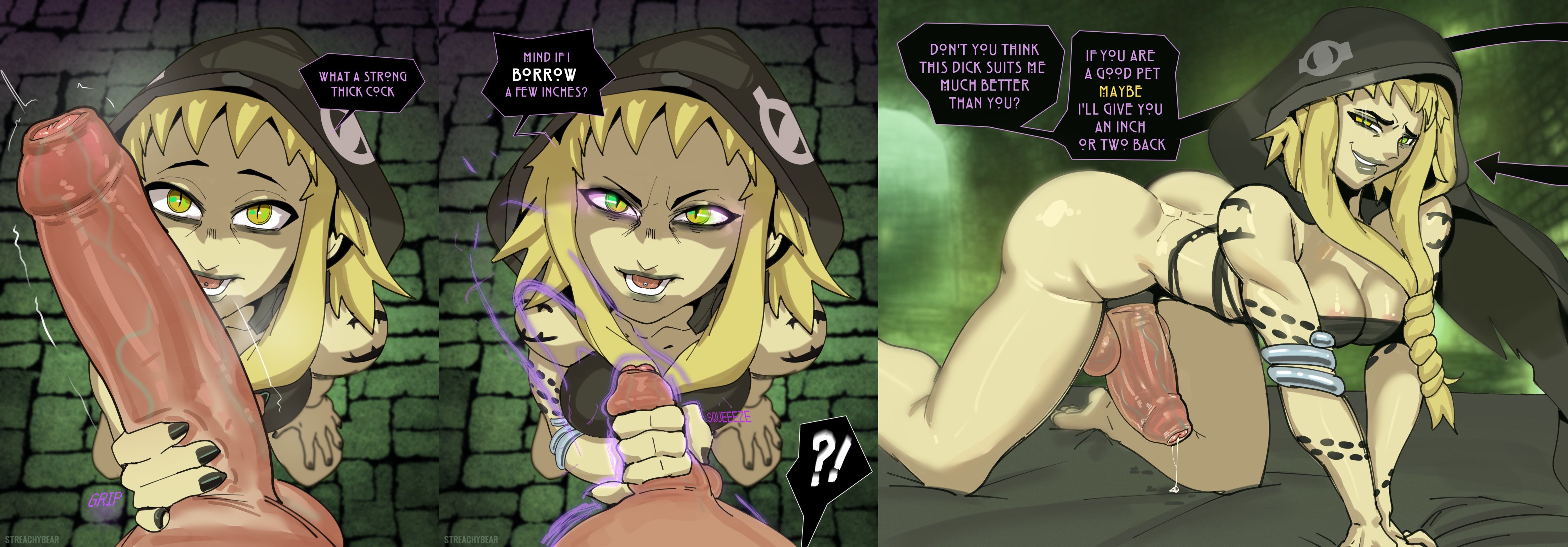 1boy, 1futa, 1girls, 2022, adult swim, after transformation, all fours, ass, attribute theft, balls, barefoot, big ass, bottomless, breasts, clothed, clothing, dialogue, erection, feet, female, female focus, female to futa, fully clothed, futa focus, futa is bigger, futa only, futa transformation, futanari, hand on penis, handjob, high-angle view, huge cock, human, humanoid only, implied futa, intersex, kneeling, light skin, light-skinned female, light-skinned futa, looking at viewer, male, male pov, mammal, medusa gorgon, mostly nude, open mouth, penis, penis shrinking, penis size difference, penis size stealing, penis theft, post-transformation, pov, pov eye contact, precum, precum drip, shemale, size theft, small penis, small penis humiliation, solo, solo futa, soul eater, speech bubble, streachybear, testicles, text, toonami, transformation, uncensored