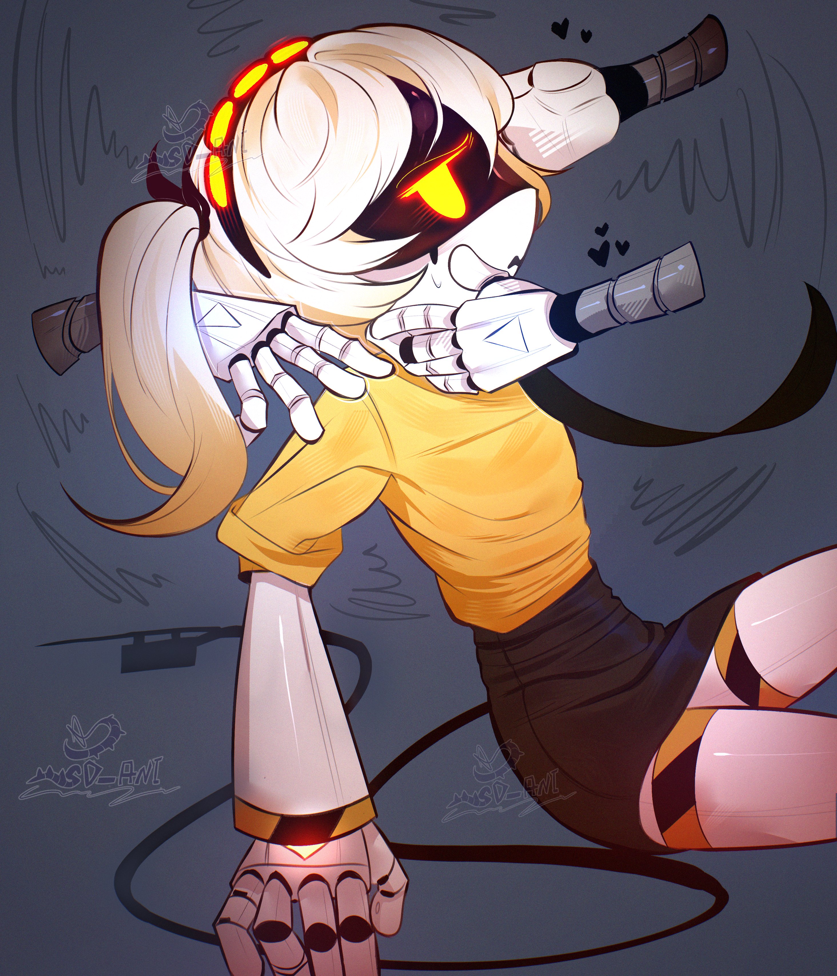 blush, disembodied hands, dress shirt, feeling up, female, hands on another's face, j (murder drones), murder drone, murder drones, pencil skirt, pulling clothing, pulling tie, robot, robot humanoid, sdanii, sitting, slim, slim waist, thighs, tie pull