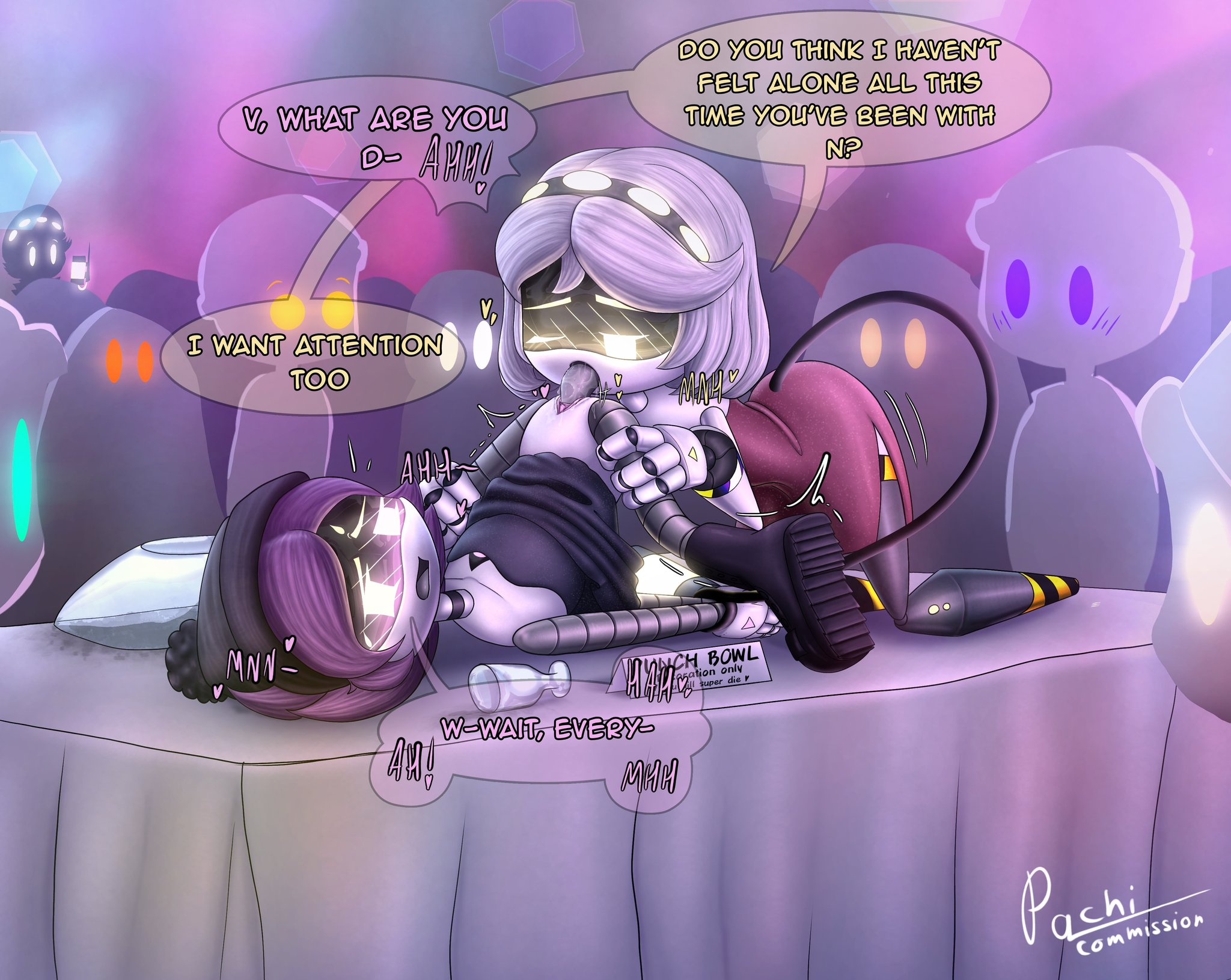 2girls, accurate art style, cunnilingus, dialogue, dress, dress lift, female only, glitch productions, lesbian sex, moan, moaning, moans, murder drones, n (murder drones), pachinsfw, prom, public, public sex, robot, robot girl, shaking, uzi (murder drones), uzi doorman, v (murder drones), yuri