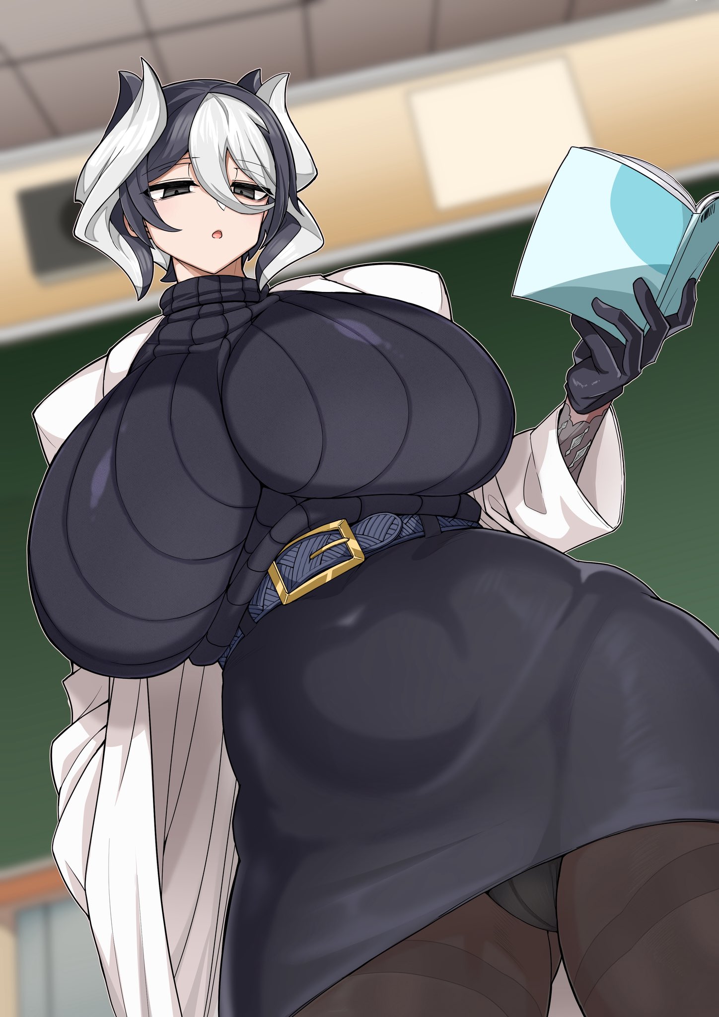 alternate costume, big breasts, black and white hair, book, breasts, classroom, expressionless, female, female only, full body, gigantic breasts, gloves, hair between eyes, huge breasts, labcoat, low-angle view, made in abyss, miniskirt, ozen, pantyhose, pencil skirt, reading, short hair, solo, sweater, teacher, turtleneck, turtleneck sweater, two-tone hair, upskirt, wide hips, yaguchiyuki