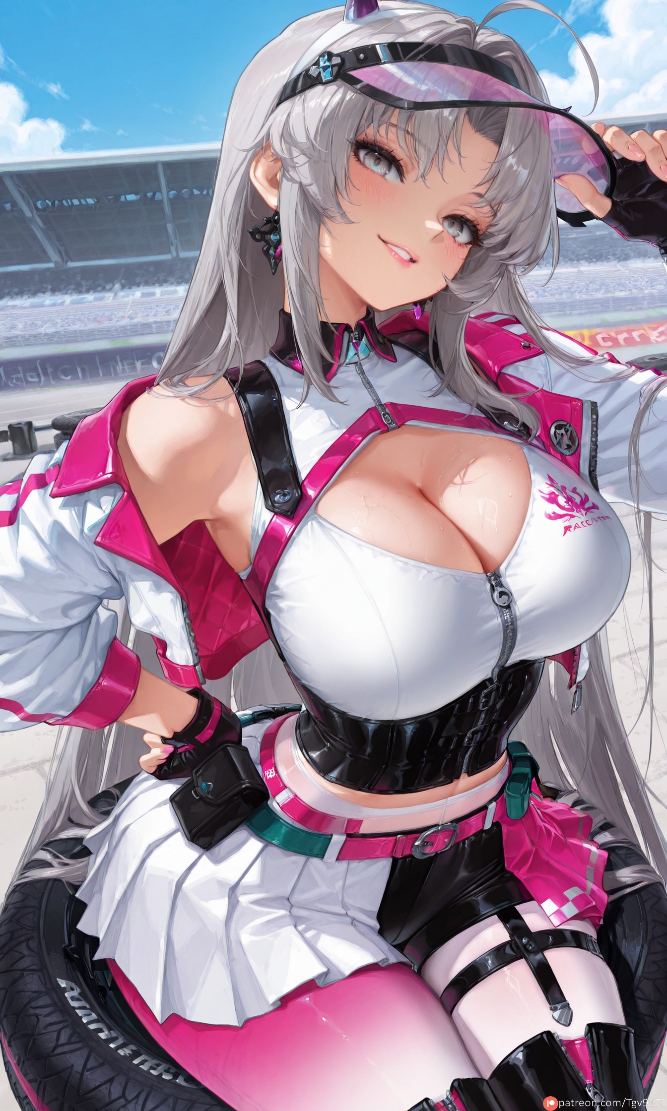 ahoge, ai generated, alternate breast size, alternate costume, bangs, bare shoulders, belt, black gloves, blue sky, blush, breasts, carlotta (wuthering waves), cleavage, cleavage cutout, clothing cutout, commission, commission art, commissions open, day, earrings, female, fingerless gloves, gloves, grey eyes, grey hair, ground vehicle, hand on hip, jacket, jewelry, large breasts, long hair, long sleeves, looking at viewer, nail polish, off shoulder, outdoors, pantyhose, parted lips, patreon, pixiv link, pixiv sample, pleated skirt, race queen, self upload, shorts, sitting, skirt, sky, smile, solo, sweat, tgv9173, very long hair, visor cap, white jacket, wuthering waves, zipper
