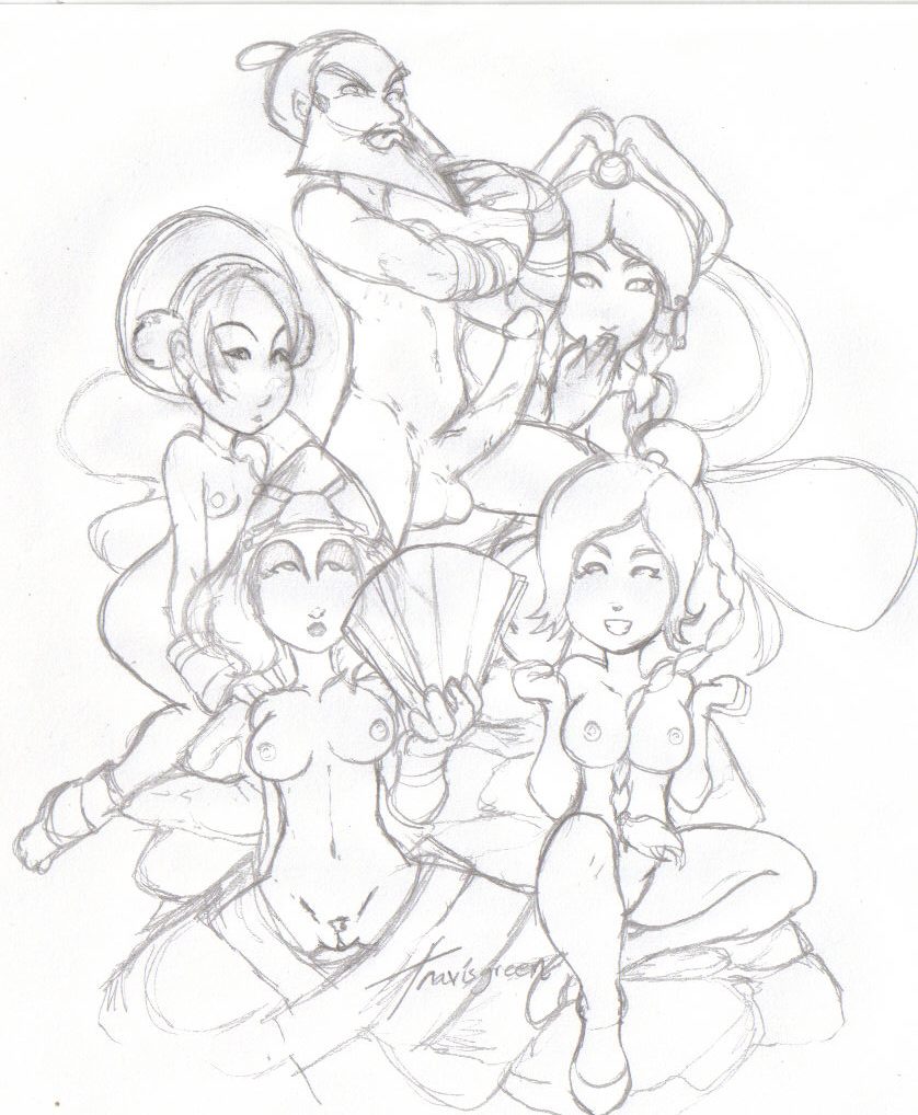 1boy 4girls avatar_legends avatar_the_last_airbender earth_kingdom female fire_nation flat_chest harem human male medium_breasts monochrome sokka straight_hair suki toph_bei_fong travis_green ty_lee wang_fire water_tribe yue