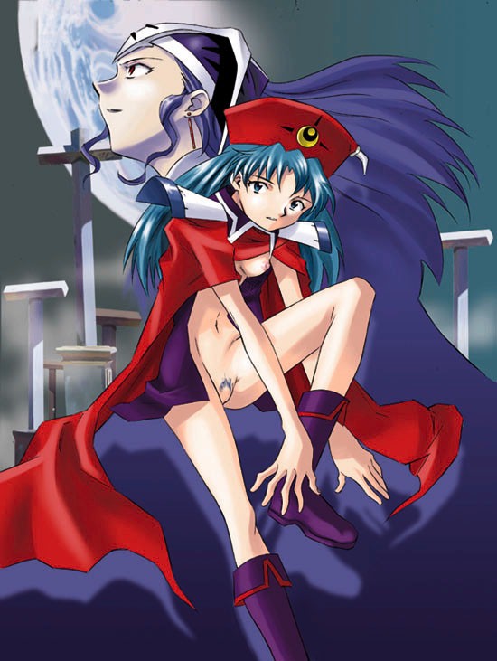 2girls althena blue_eyes blue_hair boots bottomless breasts cape earrings hat jewelry leg_up long_hair lucia_(lunar) lunar_2:_eternal_blue moon multiple_girls nipples no_pussy pubic_hair pussy red_eyes sitting