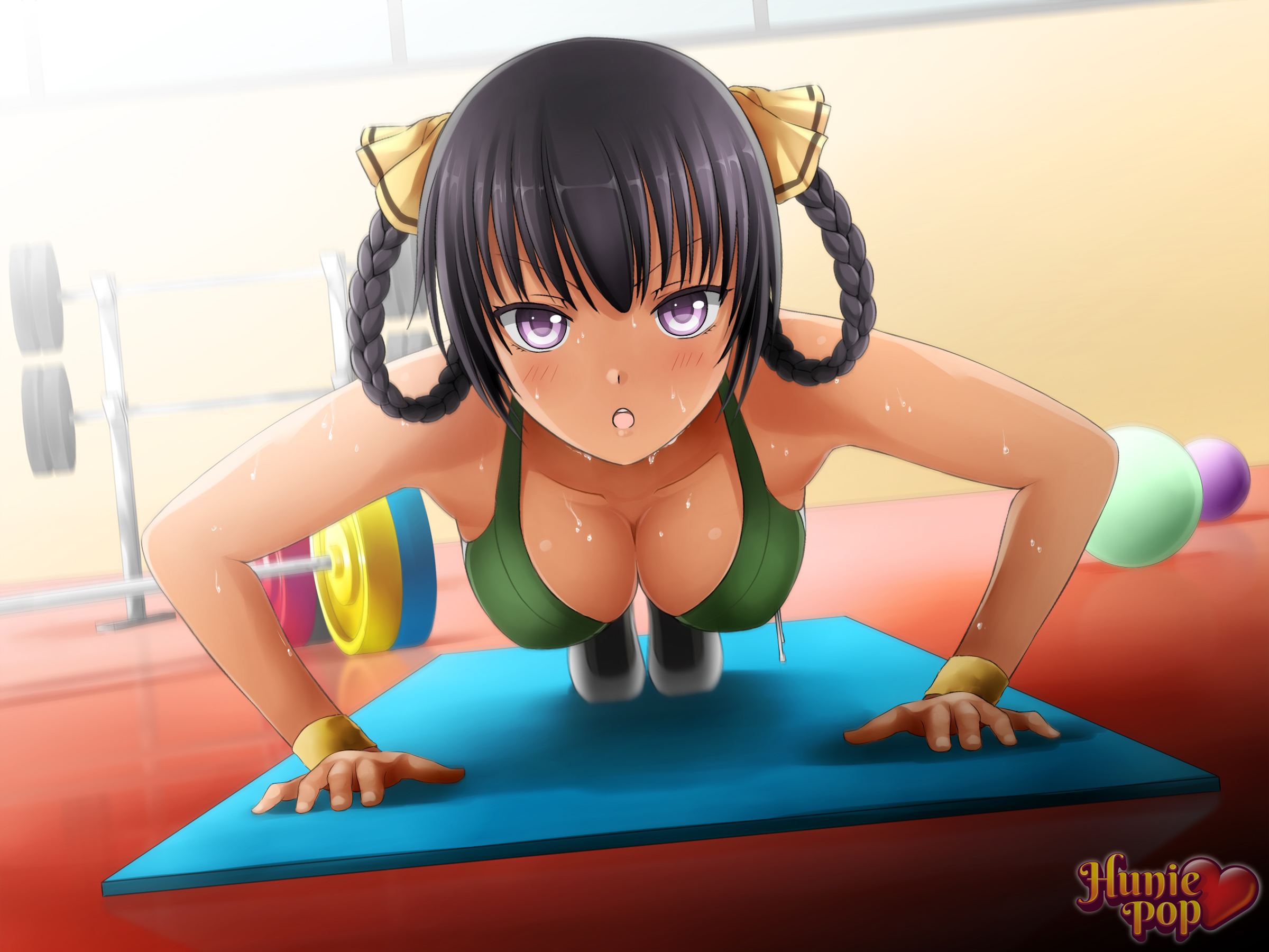 1girls, accurate art style, aerobics, big breasts, black hair, braided hair, braided pigtails, braids, breasts, dark skin, dark-skinned female, female, female only, fully clothed, hairbow, huniepop, kyanna delrio, latina, purple eyes, push ups, solo, sweat, sweaty, workout