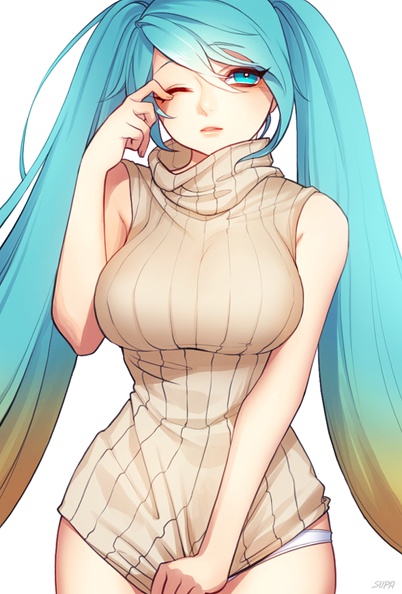 1girls aqua_eyes blue_eye blue_hair breasts closed_eye cloth_pull female hair huge_breasts large_breasts league_of_legends long_hair one_eye_closed panties sleeveless solo sona_buvelle sweater sweater_tug turtleneck twintails two_tone_hair virgin_killer_sweater white_panties